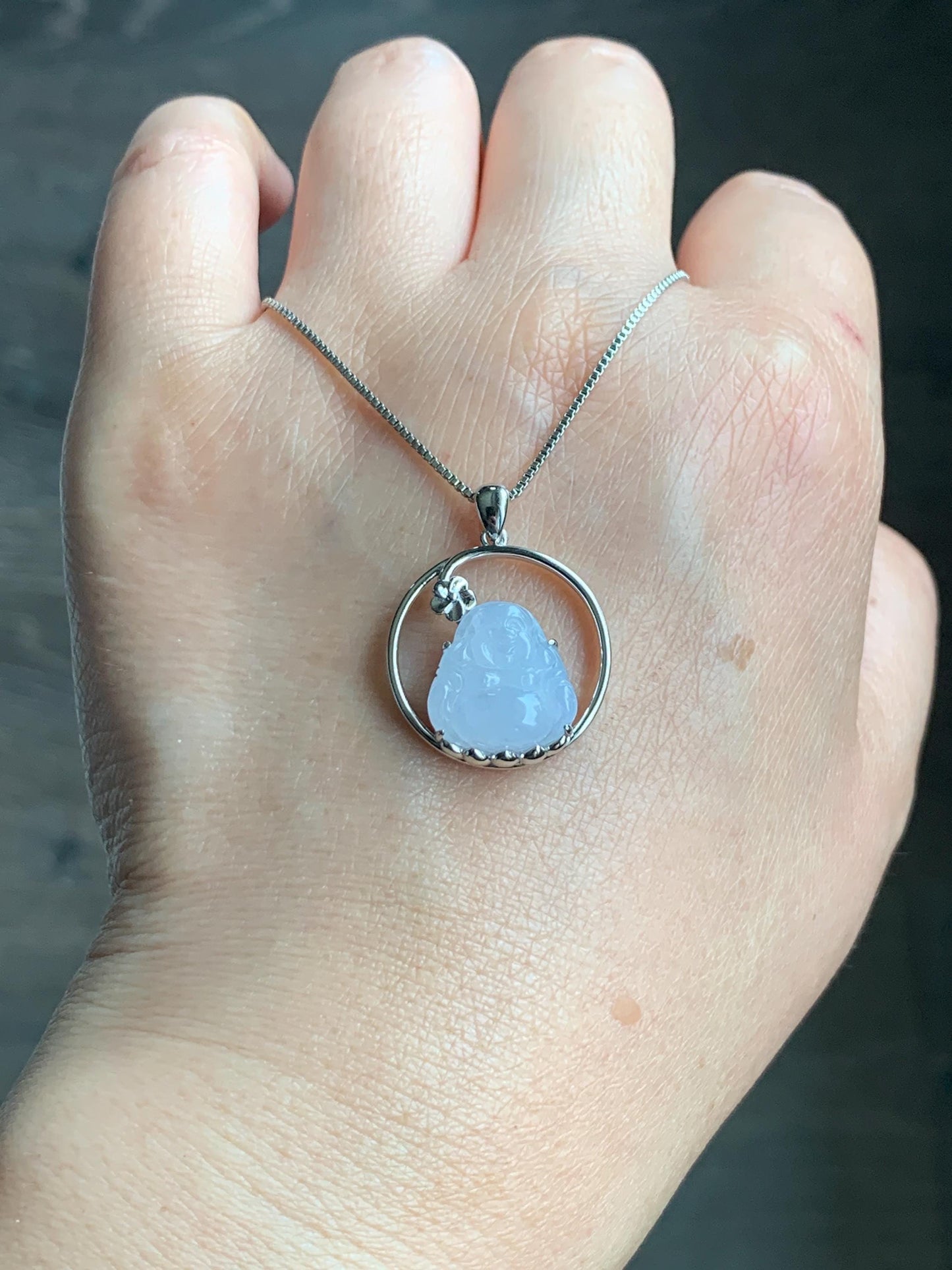 Certified Natural Grade A Icy Translucent Gelatinous White Jadeite Buddha Pendant Sterling Silver 3.63g 天然老种冰胶淡紫底翡翠佛公镶嵌吊坠 8772