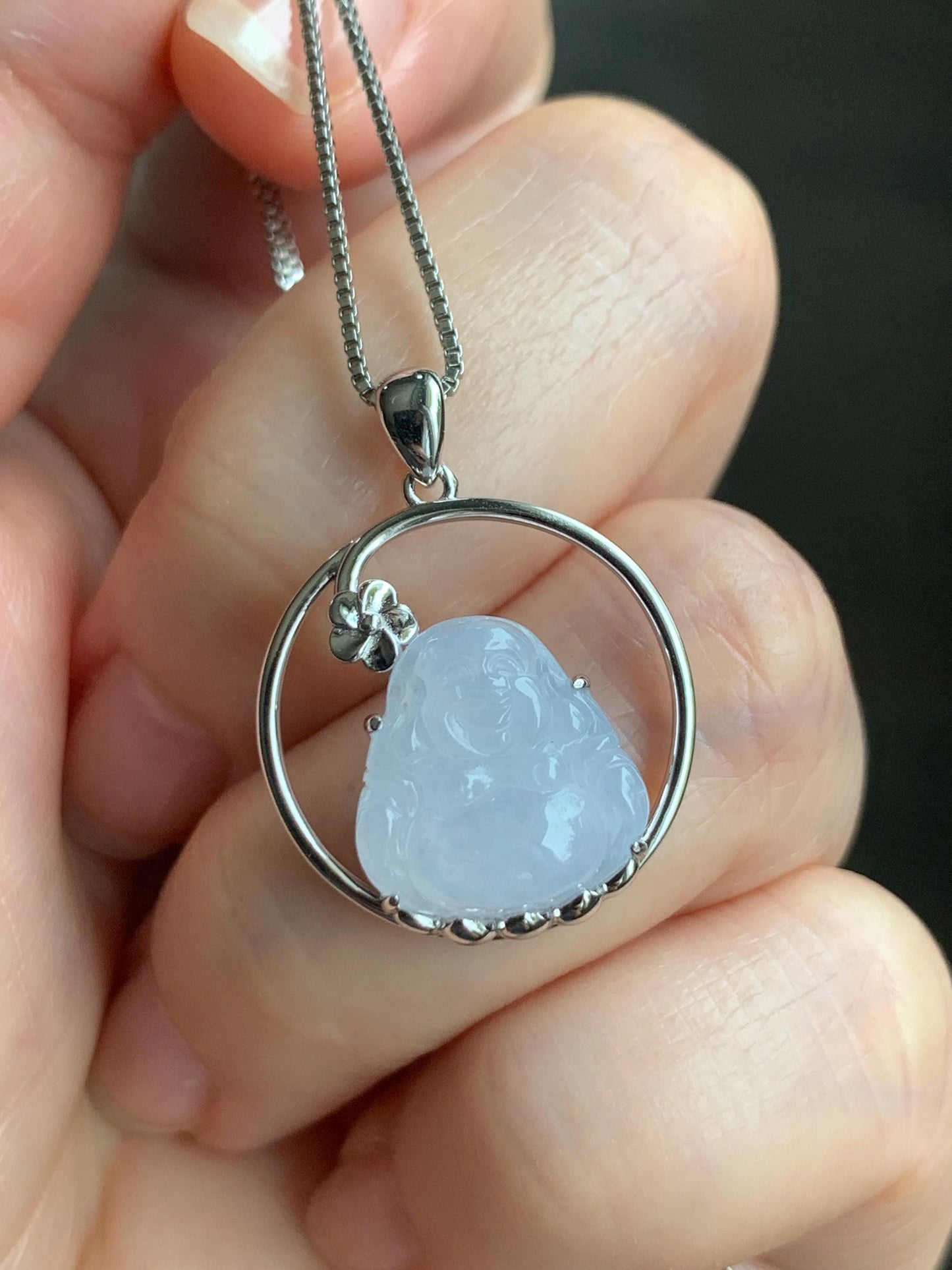Certified Natural Grade A Icy Translucent Gelatinous White Jadeite Buddha Pendant Sterling Silver 3.63g 天然老种冰胶淡紫底翡翠佛公镶嵌吊坠 8772