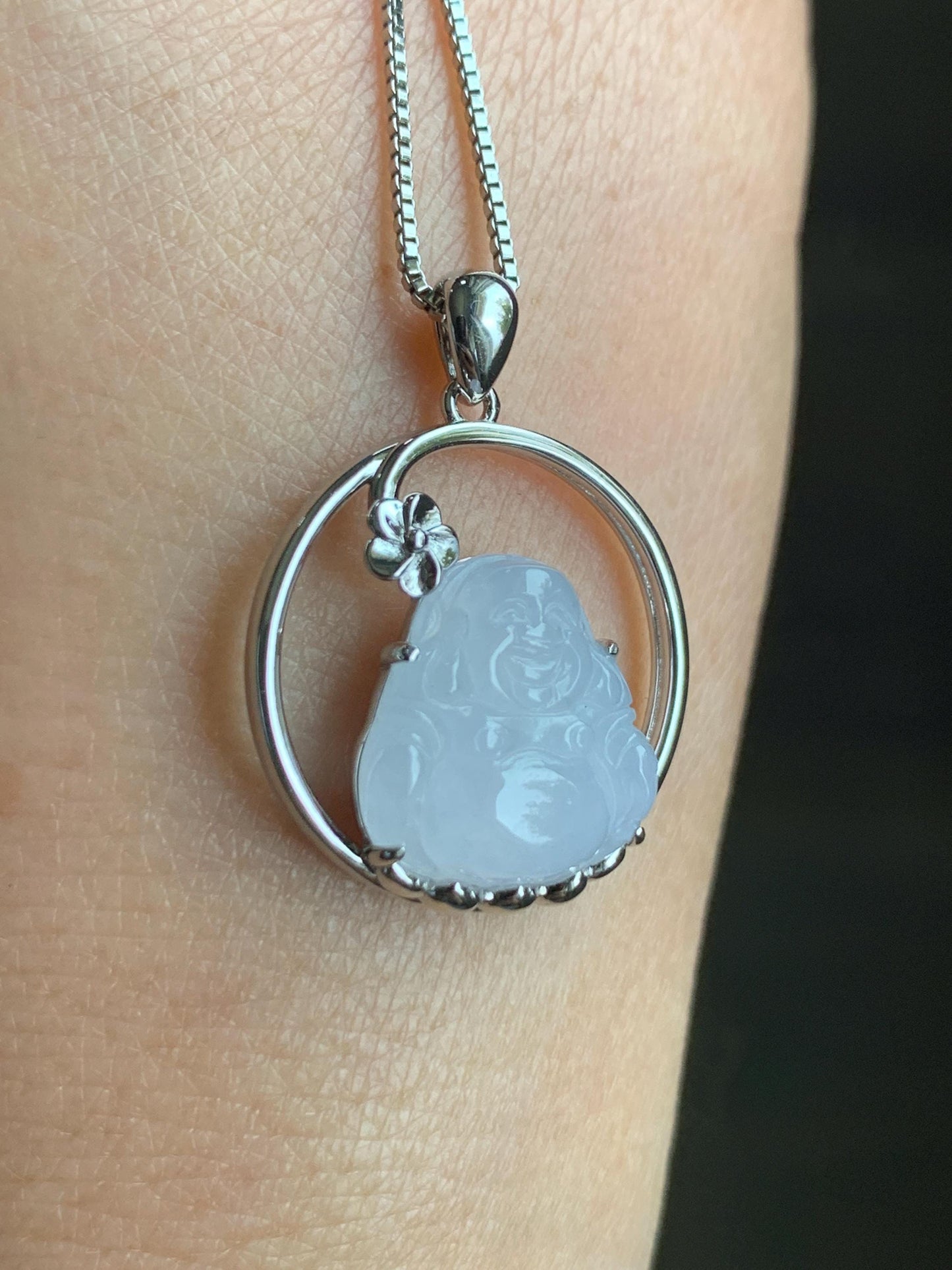 Certified Natural Grade A Icy Translucent Gelatinous White Jadeite Buddha Pendant Sterling Silver 3.63g 天然老种冰胶淡紫底翡翠佛公镶嵌吊坠 8772