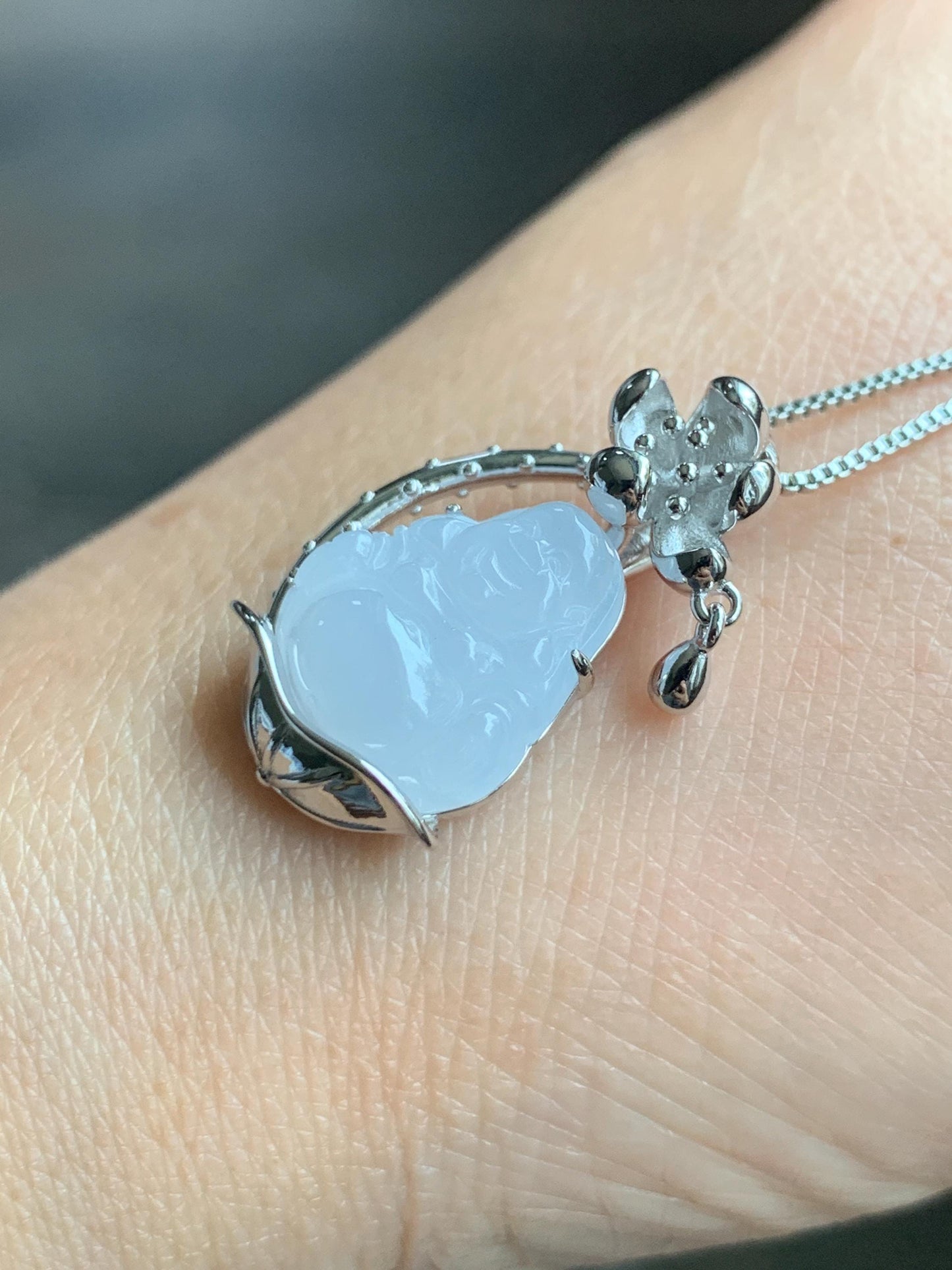 Certified Natural Grade A Icy Translucent Gelatinous White Jadeite Buddha Pendant Sterling Silver 4.93g 天然老种冰胶淡紫底翡翠佛公镶嵌吊坠 8774