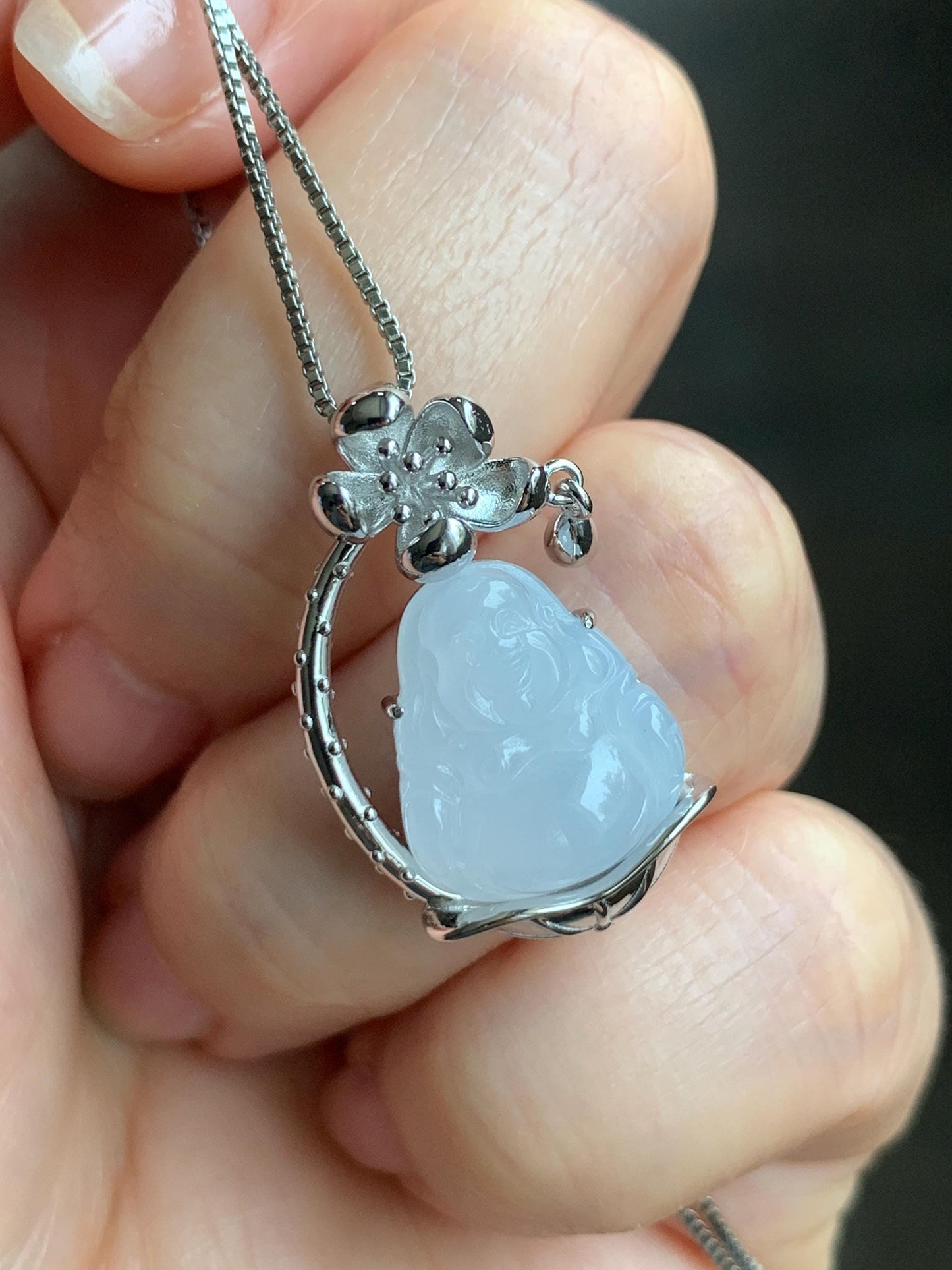 Certified Natural Grade A Icy Translucent Gelatinous White Jadeite Buddha Pendant Sterling Silver 4.93g 天然老种冰胶淡紫底翡翠佛公镶嵌吊坠 8774