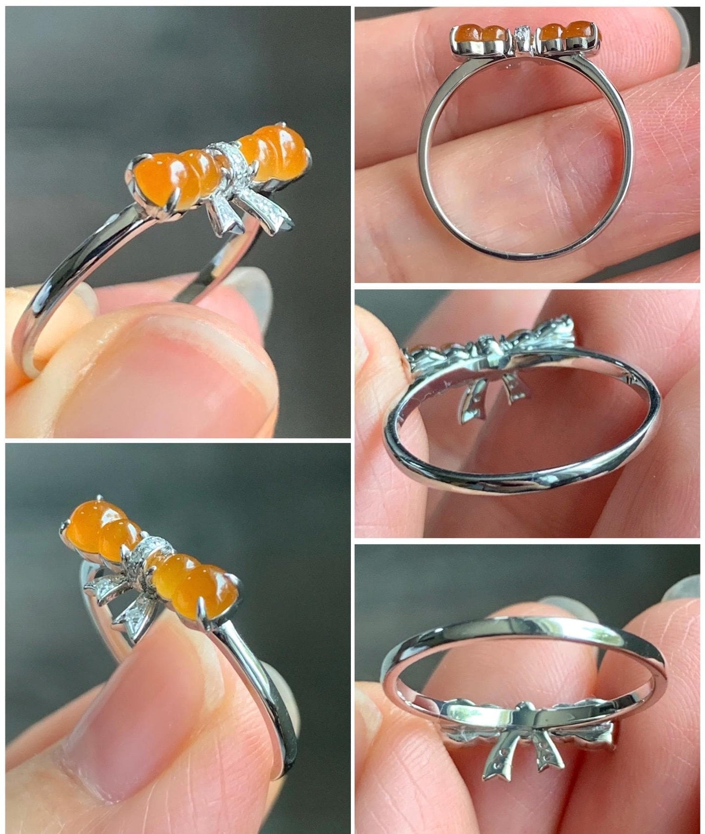 Certified Natural Grade A Icy Highly Translucent Vibrant Orange Yellow Jadeite Double Gourd Ring 14K White Gold Size 7.25 天然正冰红翡双葫芦镶嵌戒指 6676