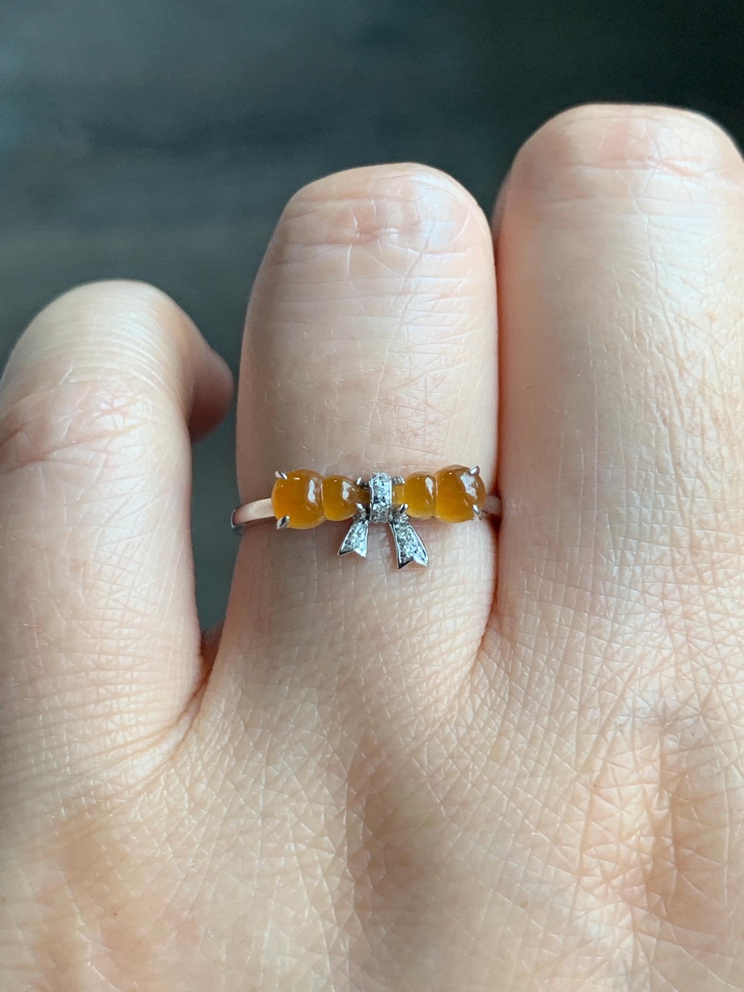 Certified Natural Grade A Icy Highly Translucent Vibrant Orange Yellow Jadeite Double Gourd Ring 14K White Gold Size 7.25 天然正冰红翡双葫芦镶嵌戒指 6676