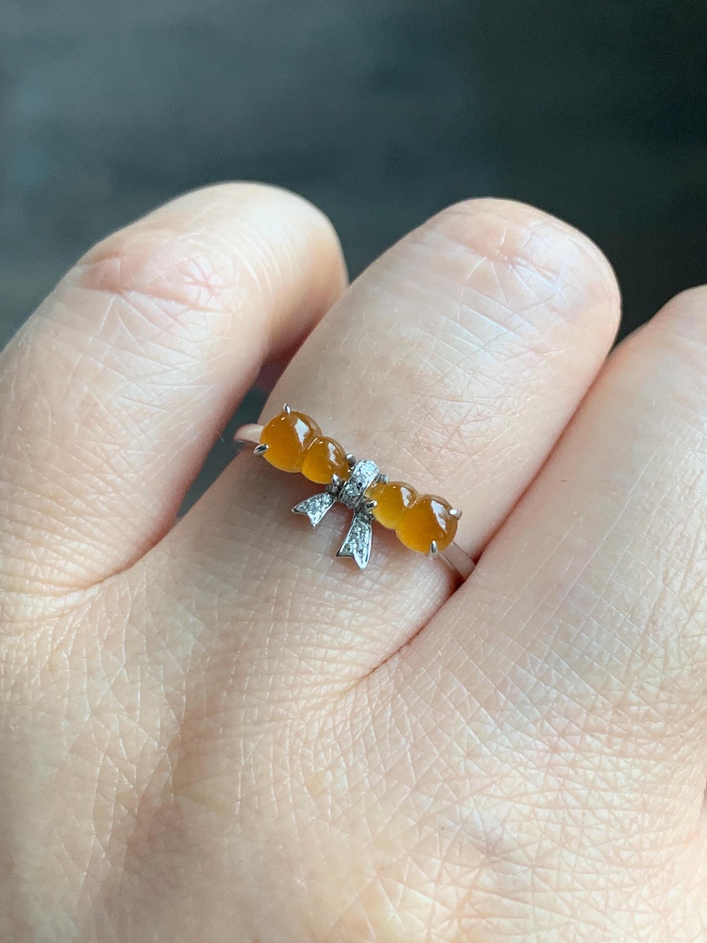Certified Natural Grade A Icy Highly Translucent Vibrant Orange Yellow Jadeite Double Gourd Ring 14K White Gold Size 7.25 天然正冰红翡双葫芦镶嵌戒指 6676
