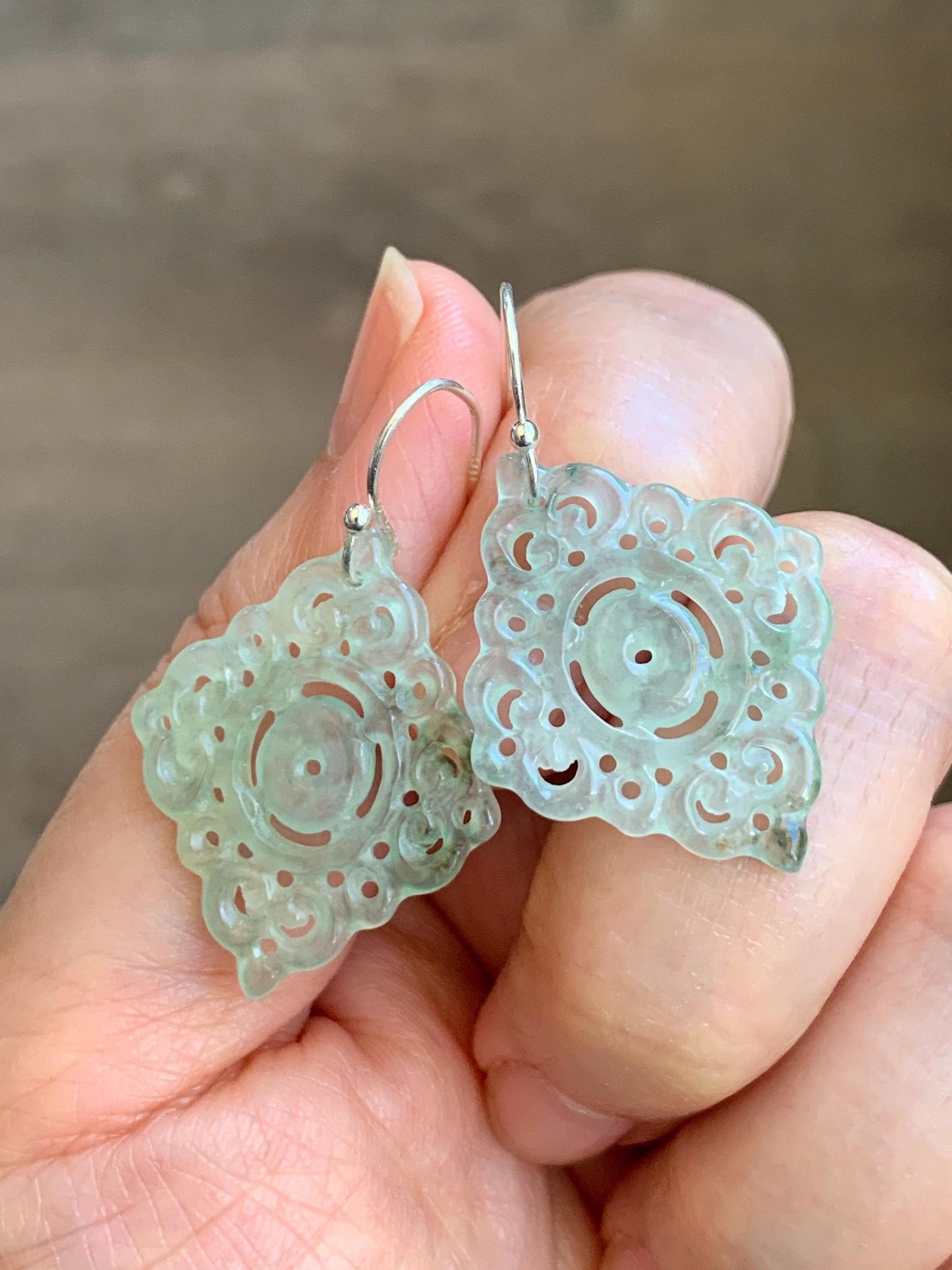 Natural Grade A Icy Highly Translucent Light Green Jadeite Openwork Engraved Dangle Earrings Sterling Silver 4g 天然冰胶起光晴色翡翠仿古镂空雕银耳钩 QLK150