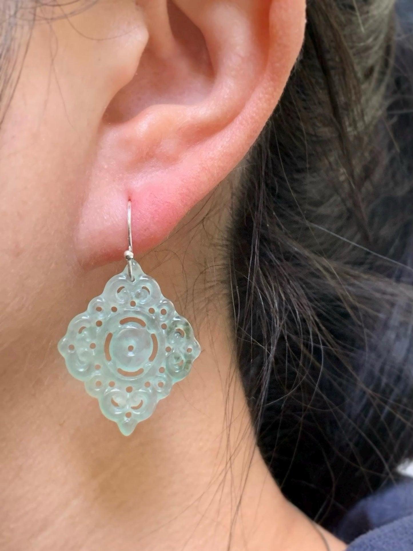 Natural Grade A Icy Highly Translucent Light Green Jadeite Openwork Engraved Dangle Earrings Sterling Silver 4g 天然冰胶起光晴色翡翠仿古镂空雕银耳钩 QLK150