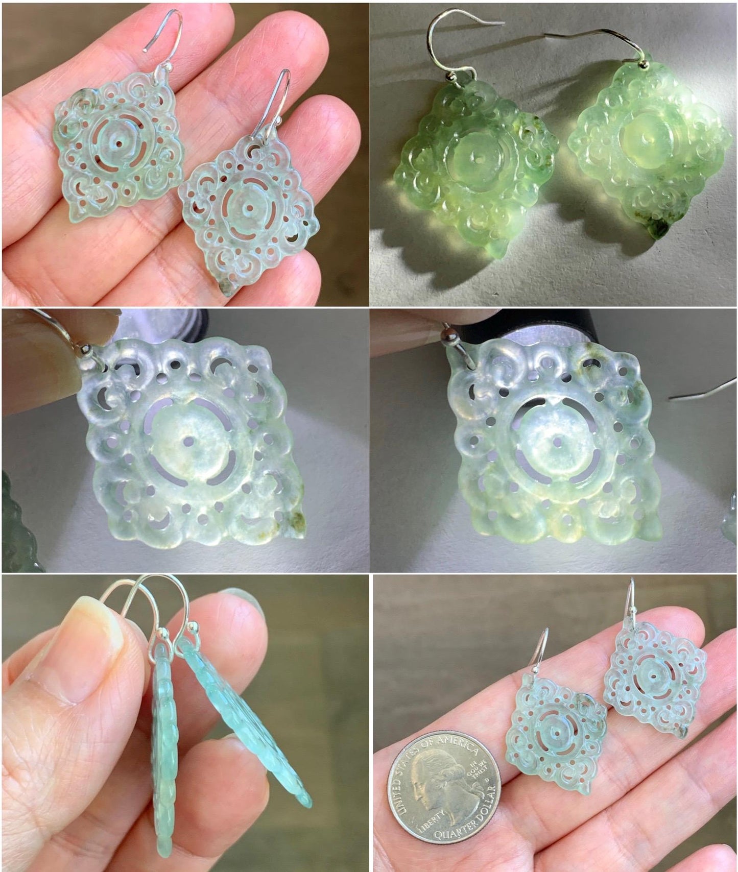 Natural Grade A Icy Highly Translucent Light Green Jadeite Openwork Engraved Dangle Earrings Sterling Silver 4g 天然冰胶起光晴色翡翠仿古镂空雕银耳钩 QLK150