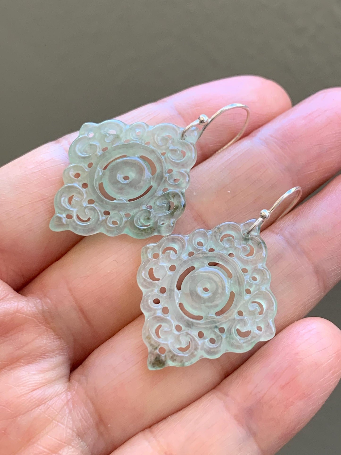 Natural Grade A Icy Highly Translucent Light Green Jadeite Openwork Engraved Dangle Earrings Sterling Silver 4g 天然冰胶起光晴色翡翠仿古镂空雕银耳钩 QLK150