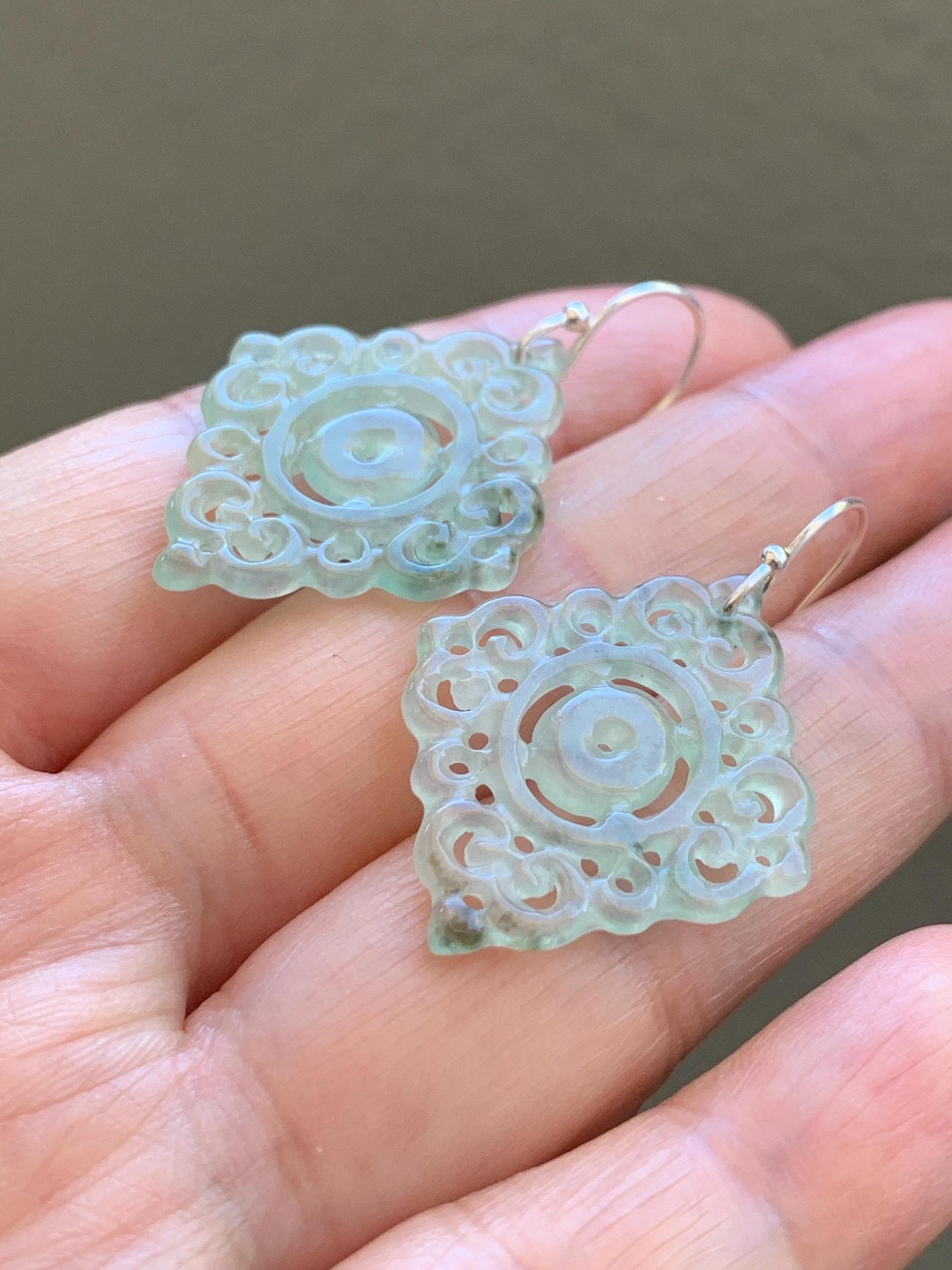 Natural Grade A Icy Highly Translucent Light Green Jadeite Openwork Engraved Dangle Earrings Sterling Silver 4g 天然冰胶起光晴色翡翠仿古镂空雕银耳钩 QLK150