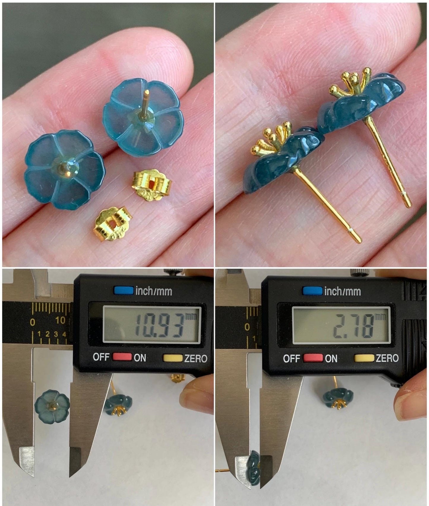 Natural Guatemalan Icy Highly Translucent Gelatinous Deep Indigo Blue Jadeite Cherry Blossom Stud Earring Sterling Silver 天然高冰危蓝翡翠梅花银镶耳钉