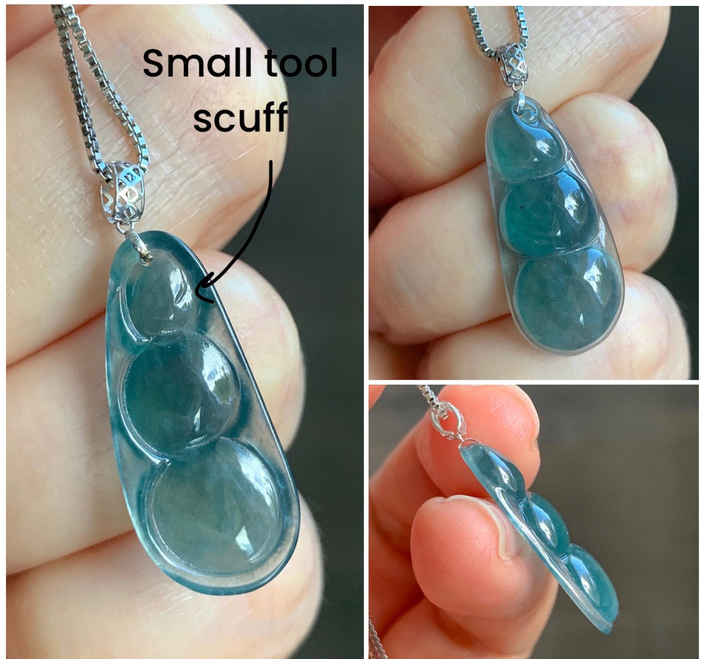 Natural Grade A Guatemalan Icy Translucent Dark Teal Blue Jadeite Carved Peapod Pendant 18K White Gold 天然冰危深蓝绿翡翠福豆镶嵌吊坠 WLD220-D