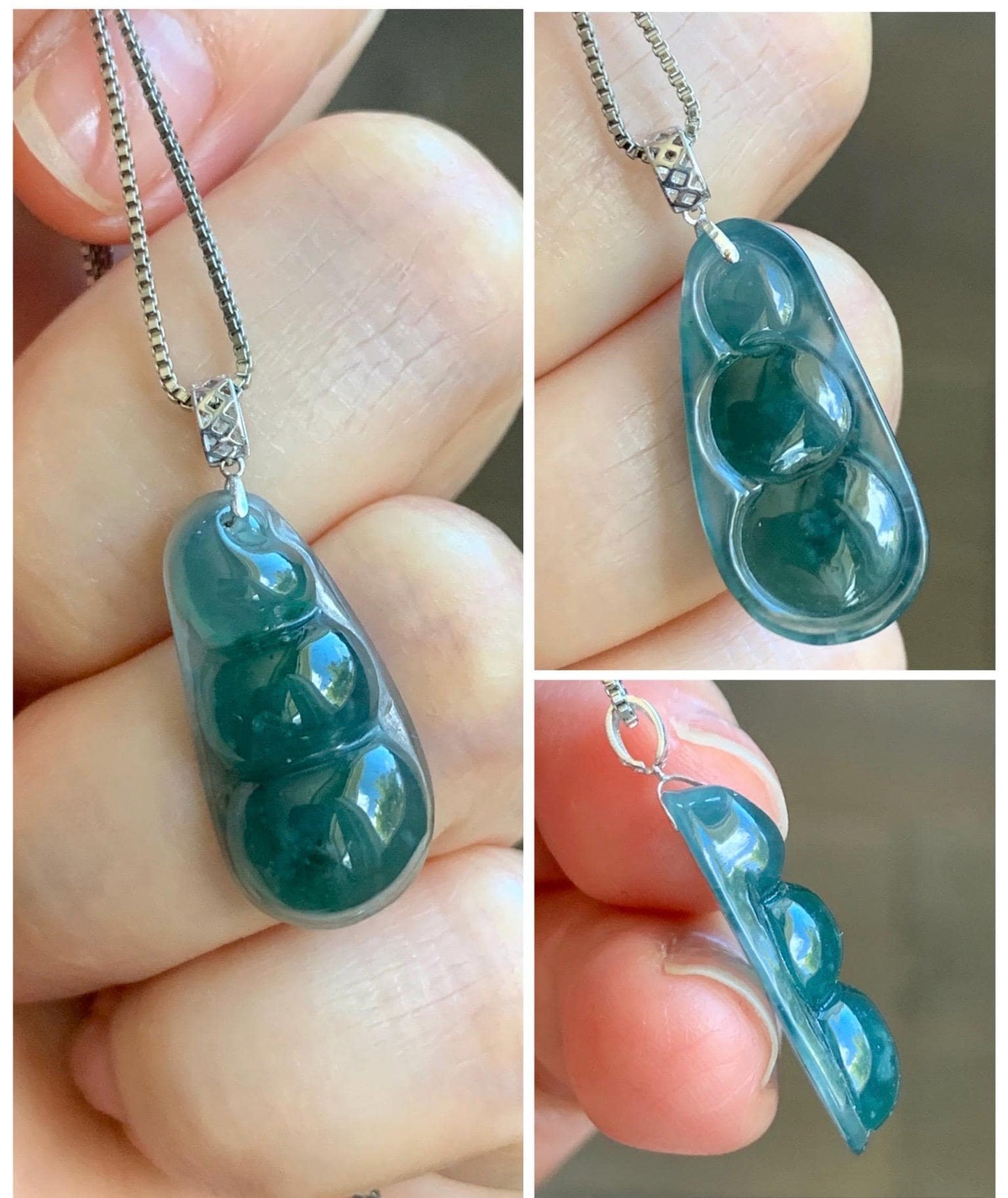Natural Grade A Guatemalan Icy Translucent Dark Teal Blue Jadeite Carved Peapod Pendant 18K White Gold 天然冰危深蓝绿翡翠福豆镶嵌吊坠 WLD220-B