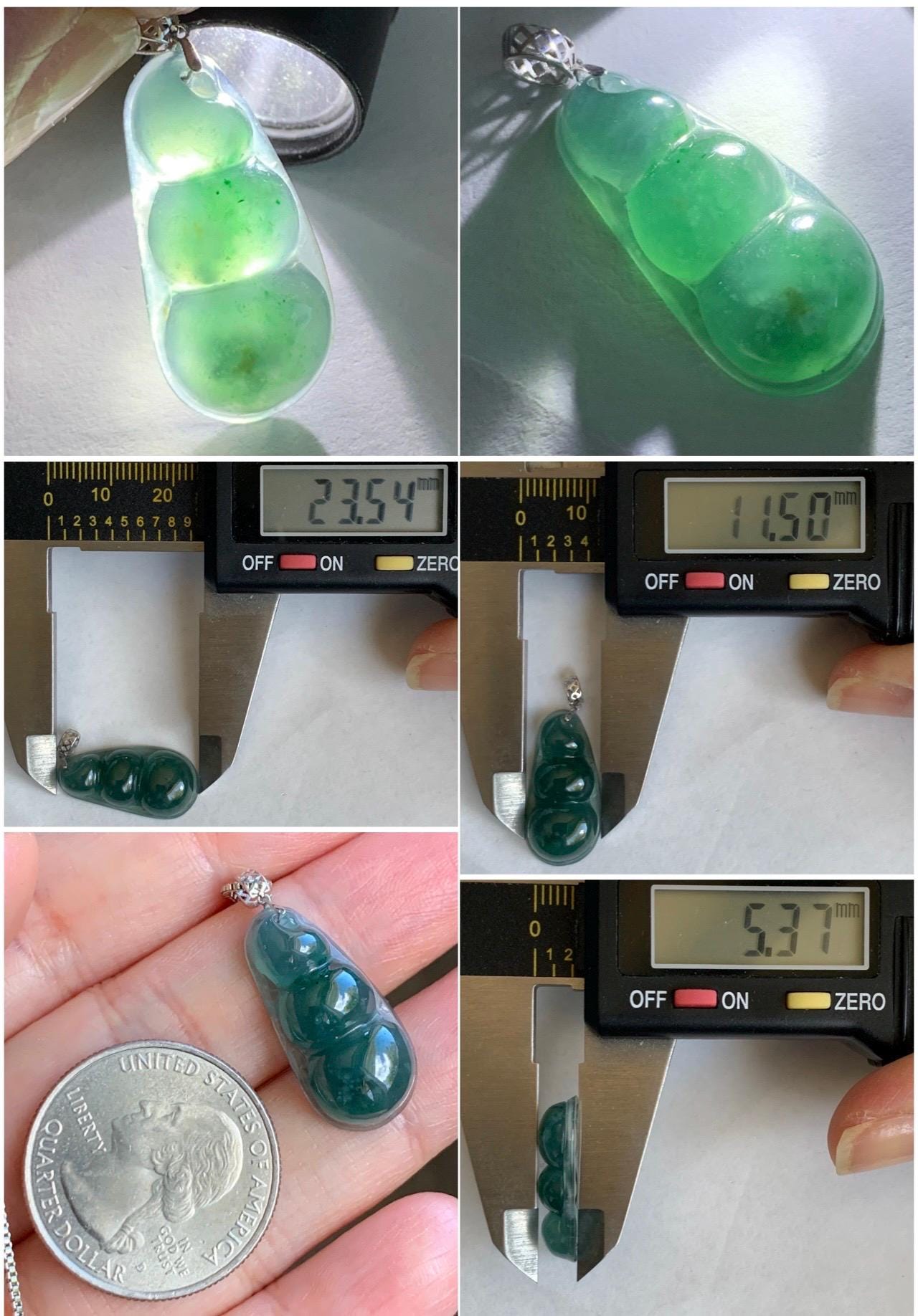 Natural Grade A Guatemalan Icy Translucent Dark Teal Blue Jadeite Carved Peapod Pendant 18K White Gold 天然冰危深蓝绿翡翠福豆镶嵌吊坠 WLD220-B