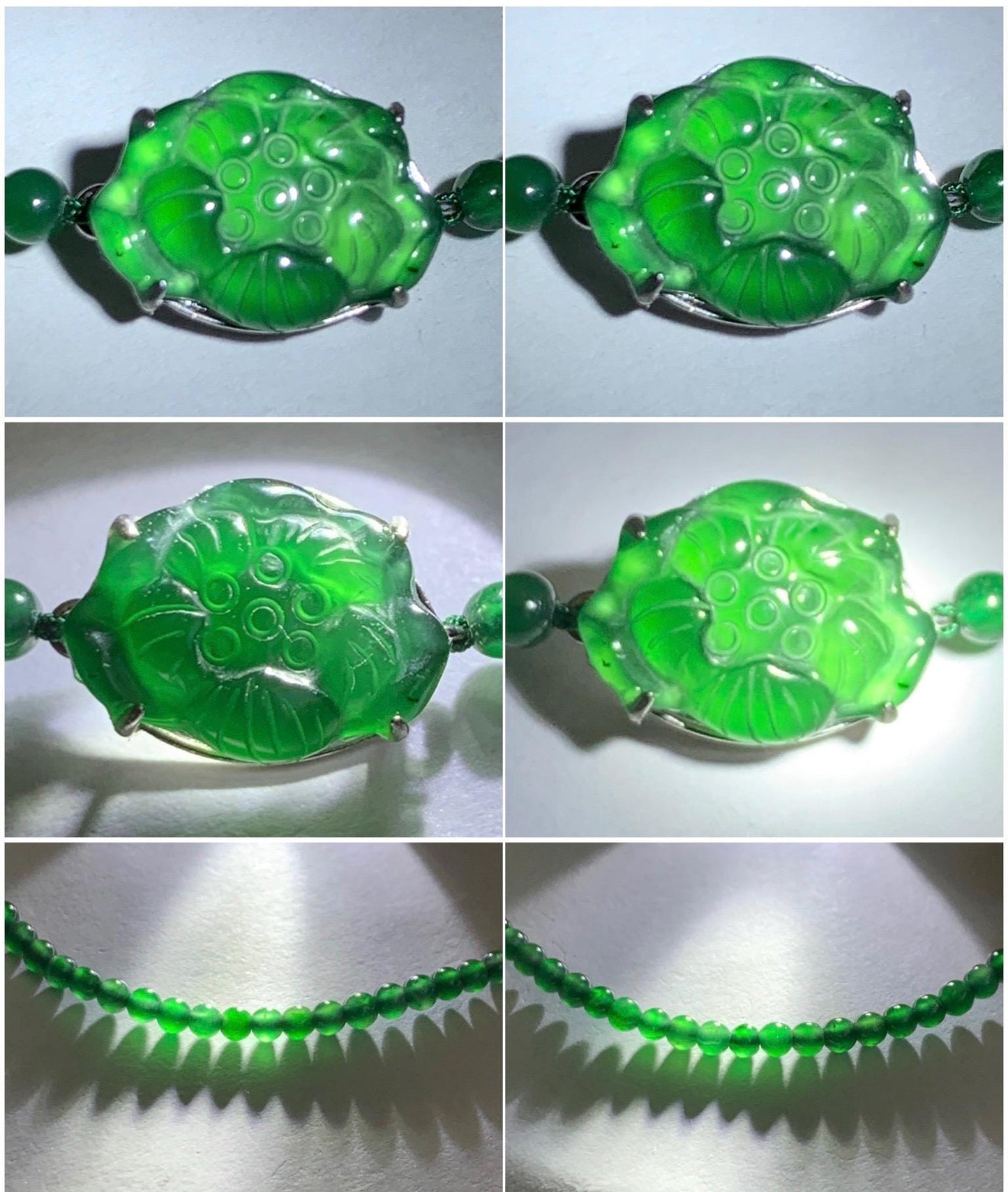 Natural Guatemalan Icy Translucent Vibrant Green Jadeite Lotus Flower Petite Beaded Bracelet 6.75” Sterling Silver 3g 天然冰危绿翡翠莲花小圆珠手串 LHX400