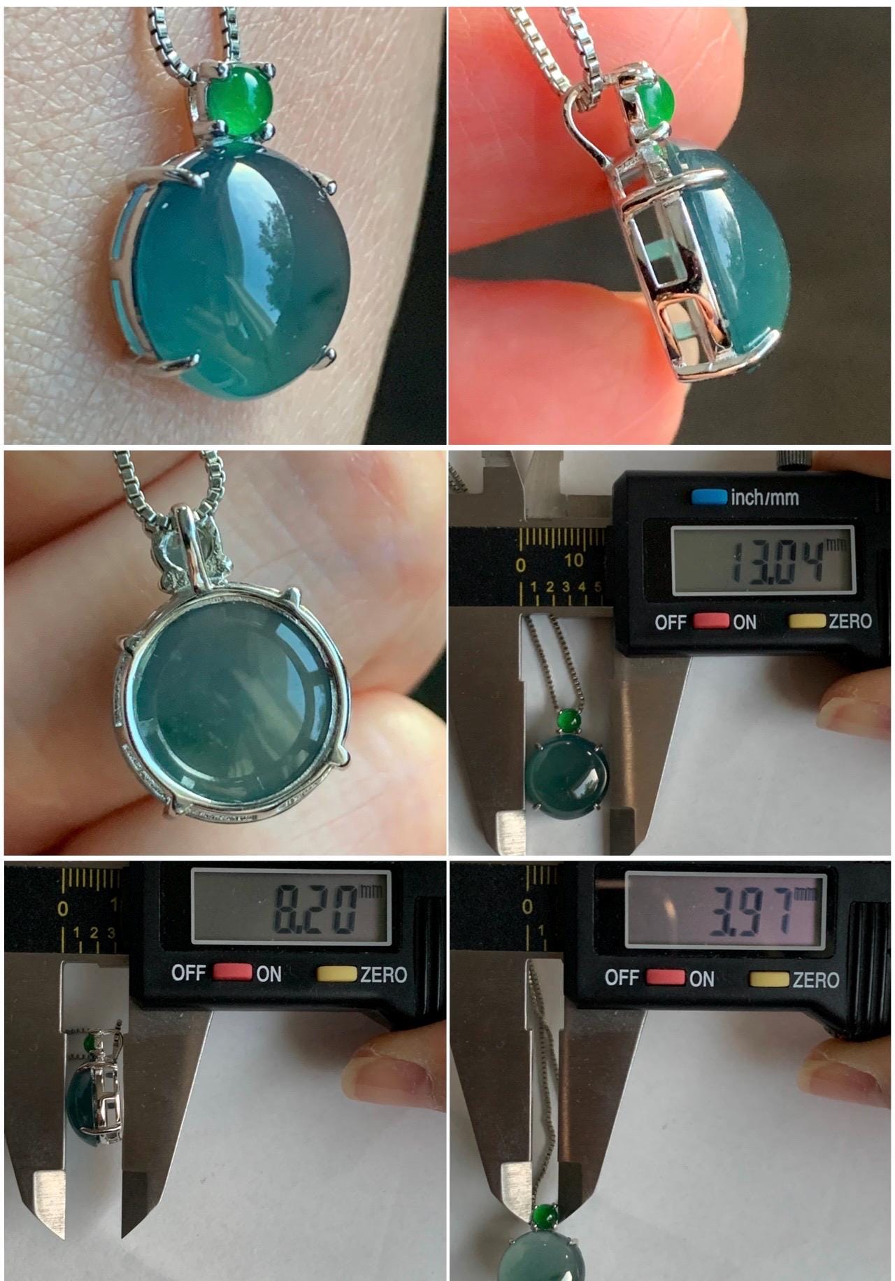 Natural Guatemalan Grade A Icy Highly Translucent Teal Blue Jadeite Large Round Cabochon Pendant Sterling Silver 天然冰危蓝翡翠大蛋面银镶吊坠 DWD128