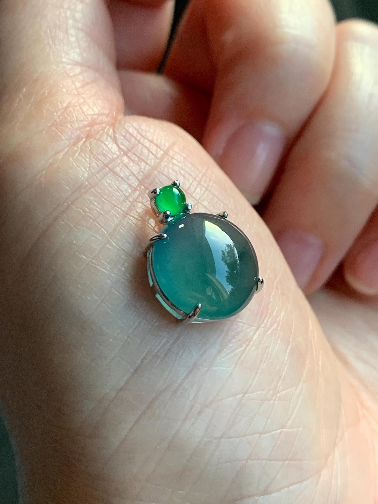 Natural Guatemalan Grade A Icy Highly Translucent Teal Blue Jadeite Large Round Cabochon Pendant Sterling Silver 天然冰危蓝翡翠大蛋面银镶吊坠 DWD128