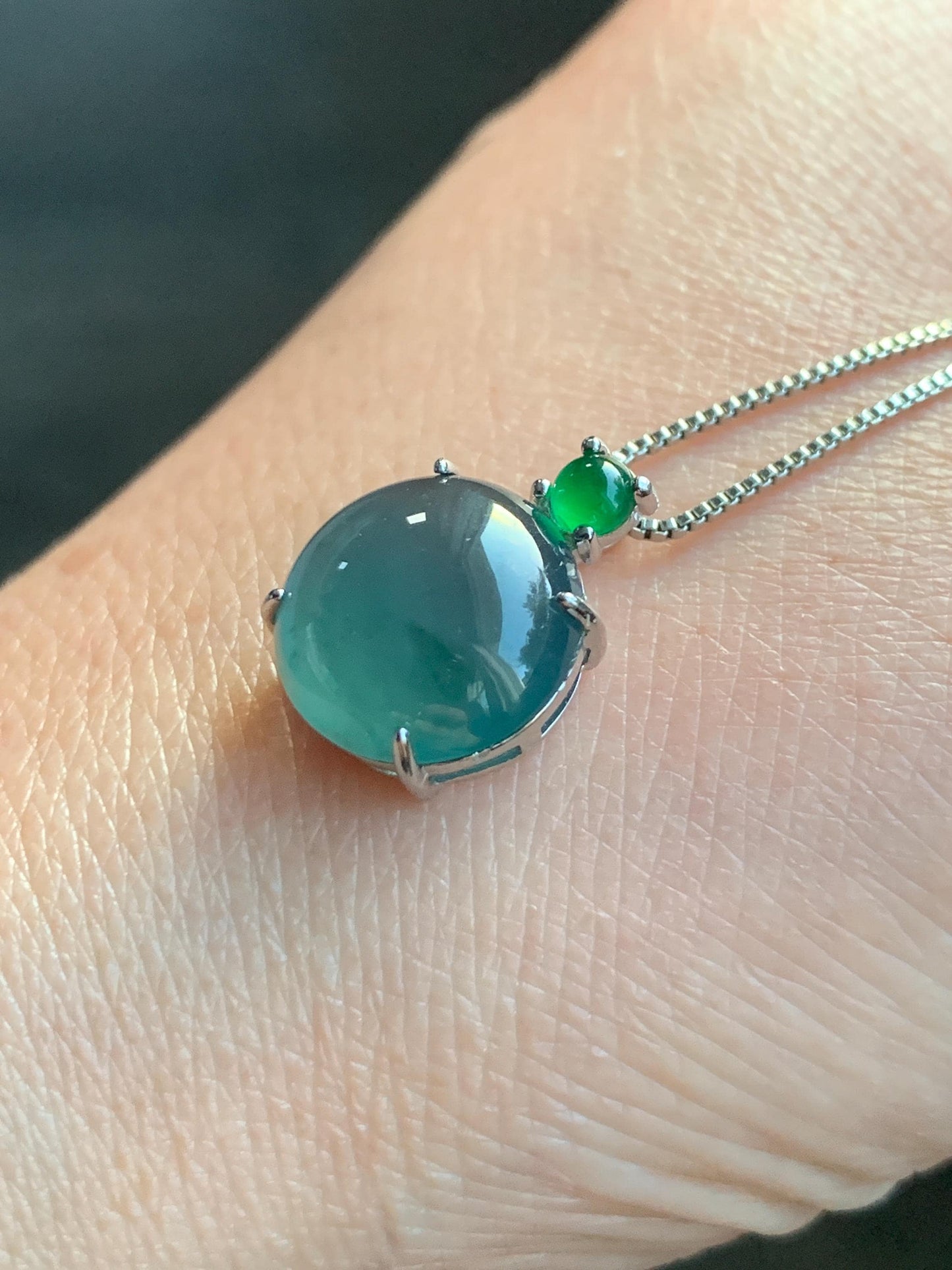 Natural Guatemalan Grade A Icy Highly Translucent Teal Blue Jadeite Large Round Cabochon Pendant Sterling Silver 天然冰危蓝翡翠大蛋面银镶吊坠 DWD128