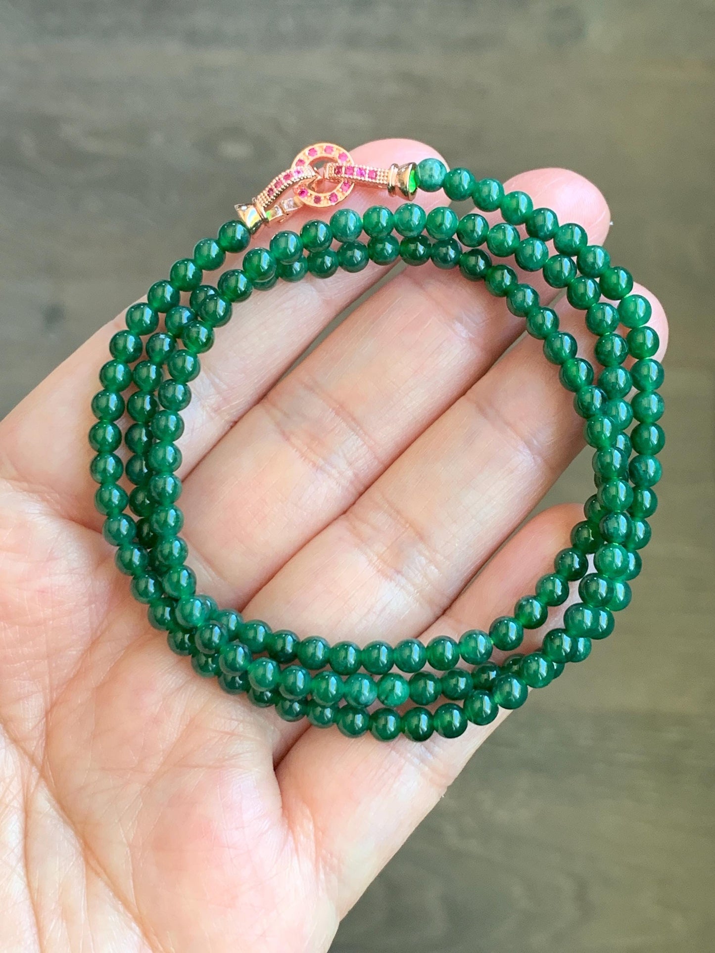 Certified Grade A Natural Guatemalan Icy Translucent Intense Green Jadeite Petite Beads Beaded Necklace 3.8mm 21” 14g 天然冰危绿翡翠小圆珠项链 1699