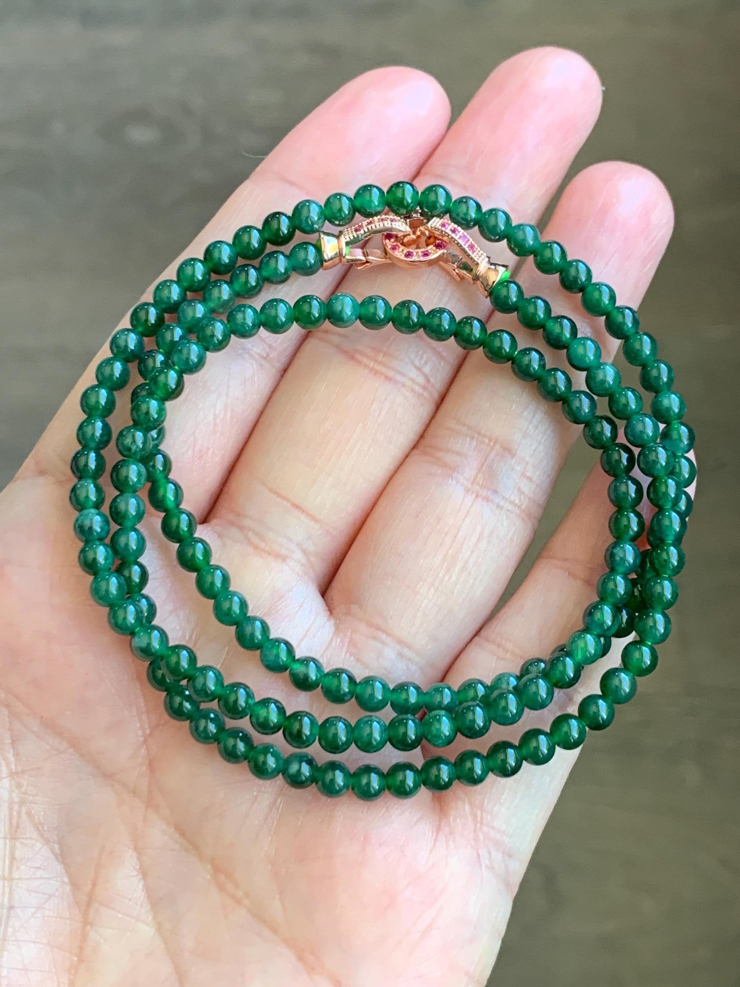 Certified Grade A Natural Guatemalan Icy Translucent Intense Green Jadeite Petite Beads Beaded Necklace 3.8mm 21” 14g 天然冰危绿翡翠小圆珠项链 1698