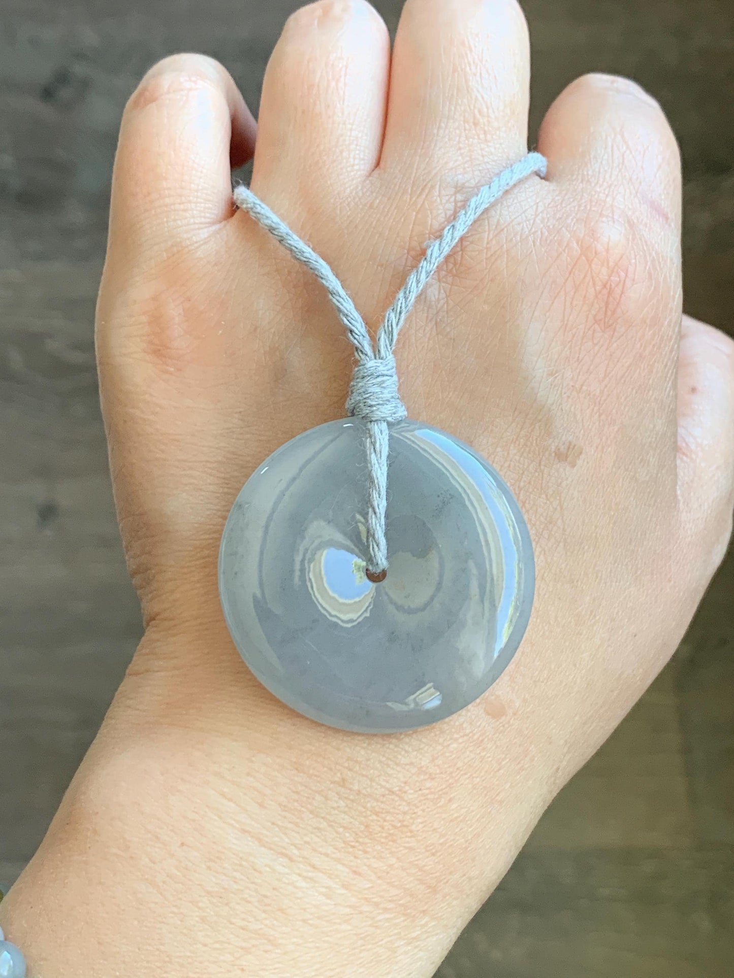 Certified Grade A Natural Icy Translucent Gelatinous Smoky Wuji Marbled Jadeite Ping An Kou Donut Pendant Necklace 天然老种冰胶藕粉乌鸡翡翠平安扣吊坠 1497
