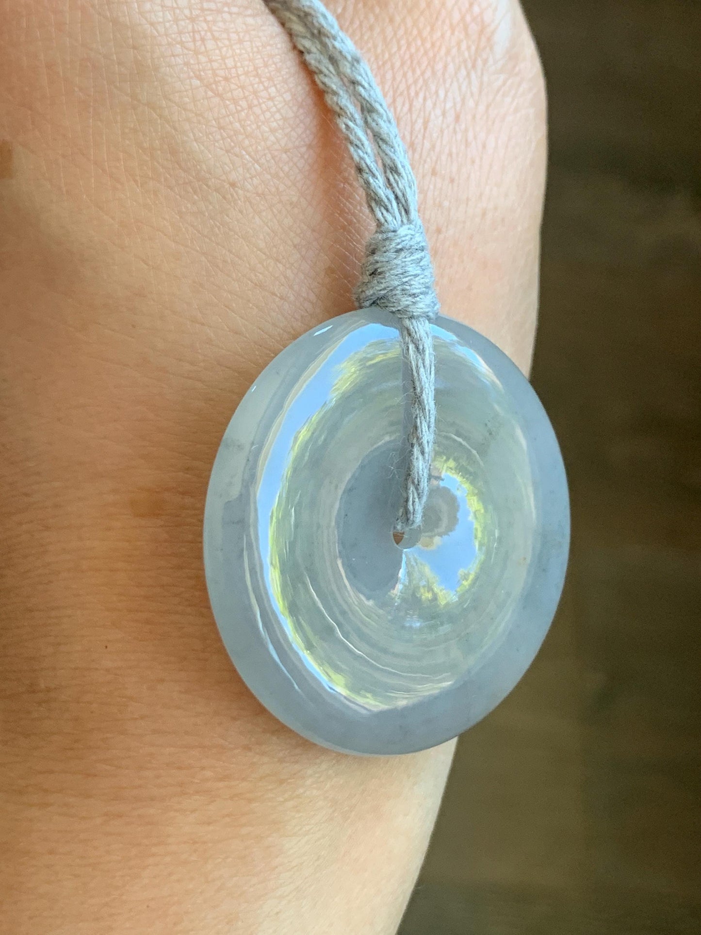 Certified Grade A Natural Icy Translucent Gelatinous Smoky Wuji Marbled Jadeite Ping An Kou Donut Pendant Necklace 天然老种冰胶藕粉乌鸡翡翠平安扣吊坠 1497