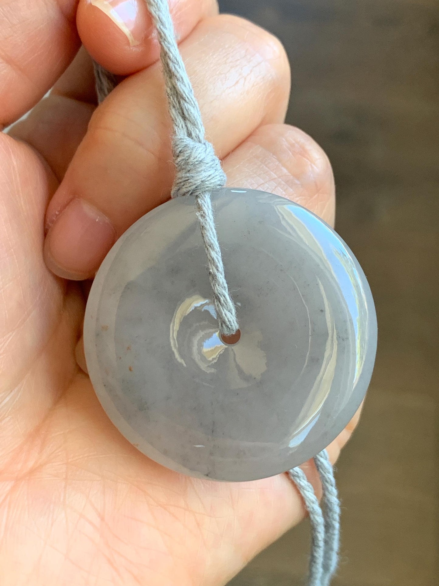 Certified Grade A Natural Icy Translucent Gelatinous Smoky Wuji Marbled Jadeite Ping An Kou Donut Pendant Necklace 天然老种冰胶藕粉乌鸡翡翠平安扣吊坠 1497