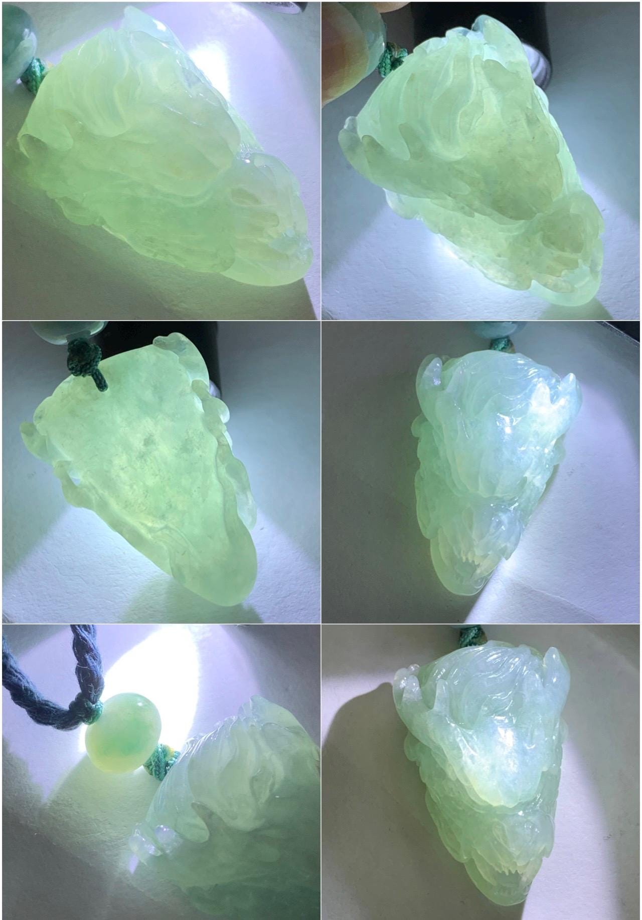 Certified Natural Grade A Icy Translucent Gelatinous Pastel Blue Jadeite Carved Dragon Pendant Rope Necklace 26" 11g 天然冰淡蓝翡翠龙头吊坠 1696