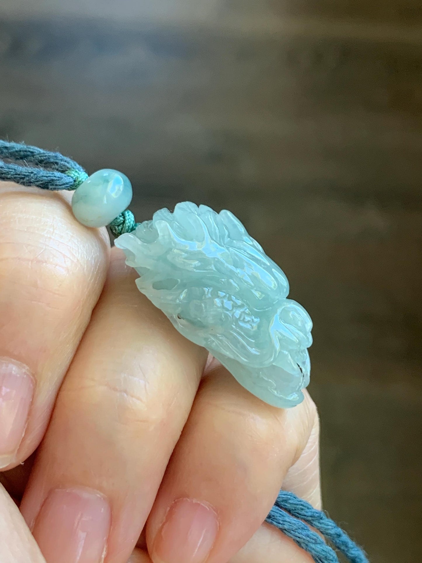 Certified Natural Grade A Icy Translucent Gelatinous Pastel Blue Jadeite Carved Dragon Pendant Rope Necklace 26" 11g 天然冰淡蓝翡翠龙头吊坠 1696