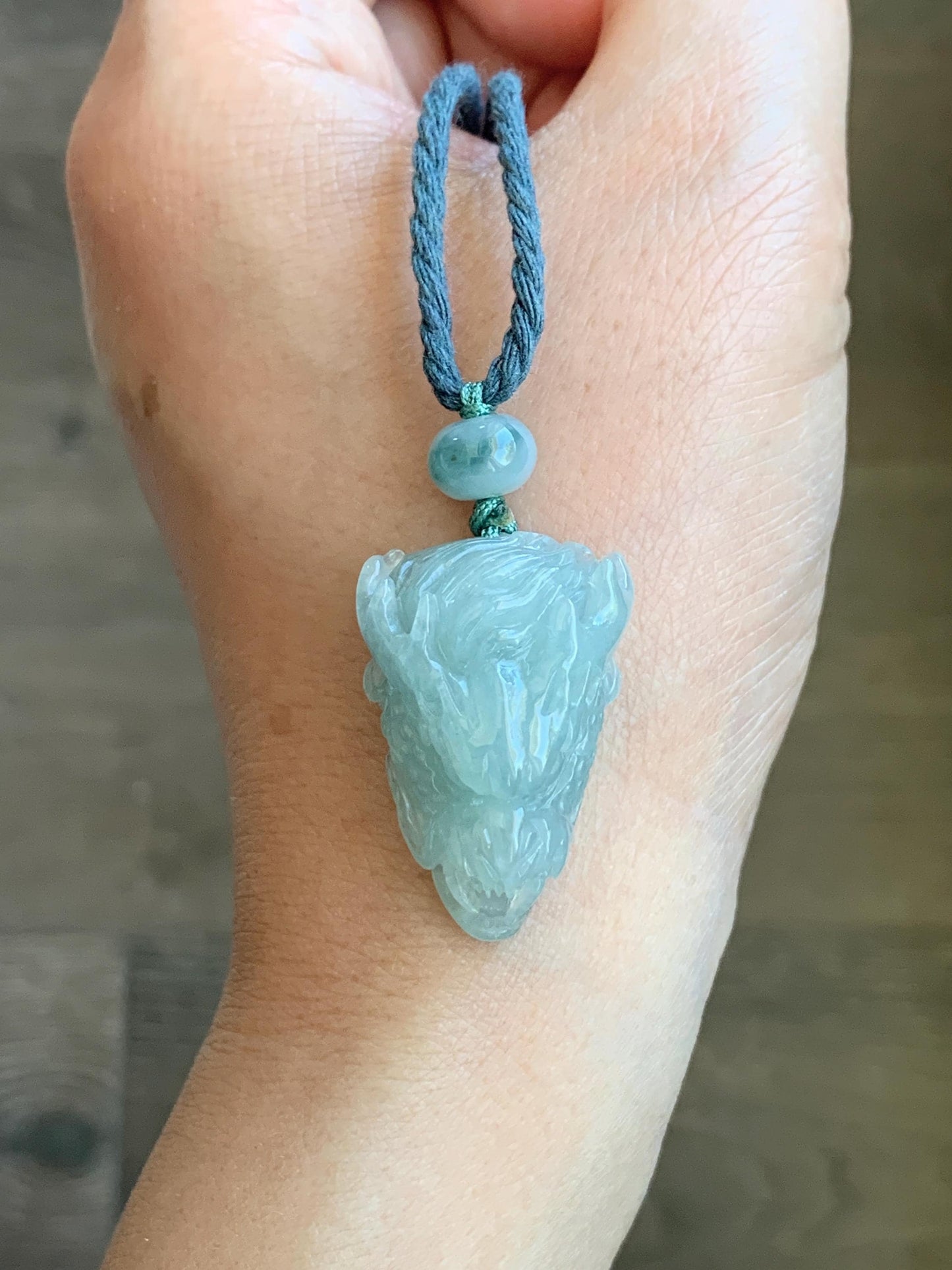 Certified Natural Grade A Icy Translucent Gelatinous Pastel Blue Jadeite Carved Dragon Pendant Rope Necklace 26" 11g 天然冰淡蓝翡翠龙头吊坠 1696