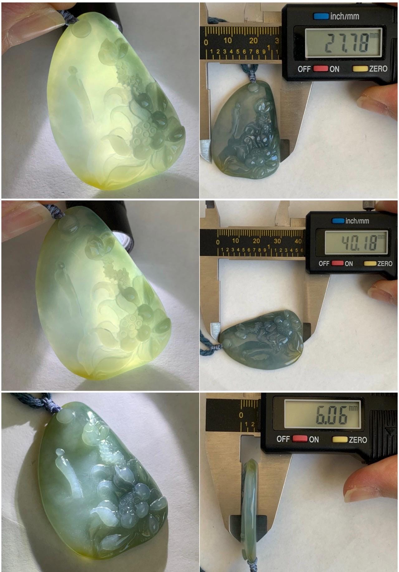 Natural Guatemalan Icy Translucent Pastel Blue Yellow Marbled Jadeite Lotus Flower Meditating Monk Pendant Rope Necklace 26” 天然冰危蓝加黄翡翠莲花悟道吊坠