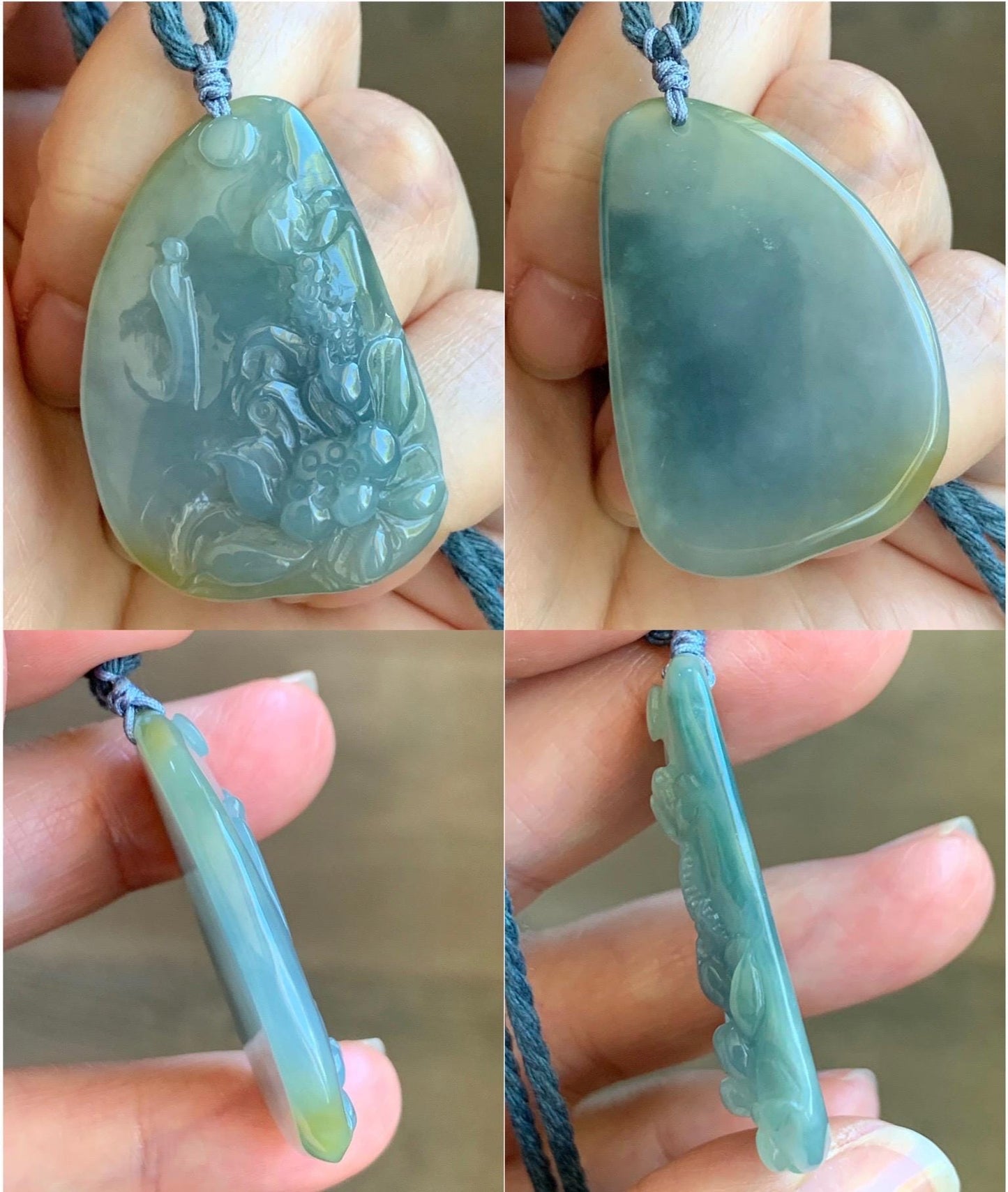 Natural Guatemalan Icy Translucent Pastel Blue Yellow Marbled Jadeite Lotus Flower Meditating Monk Pendant Rope Necklace 26” 天然冰危蓝加黄翡翠莲花悟道吊坠