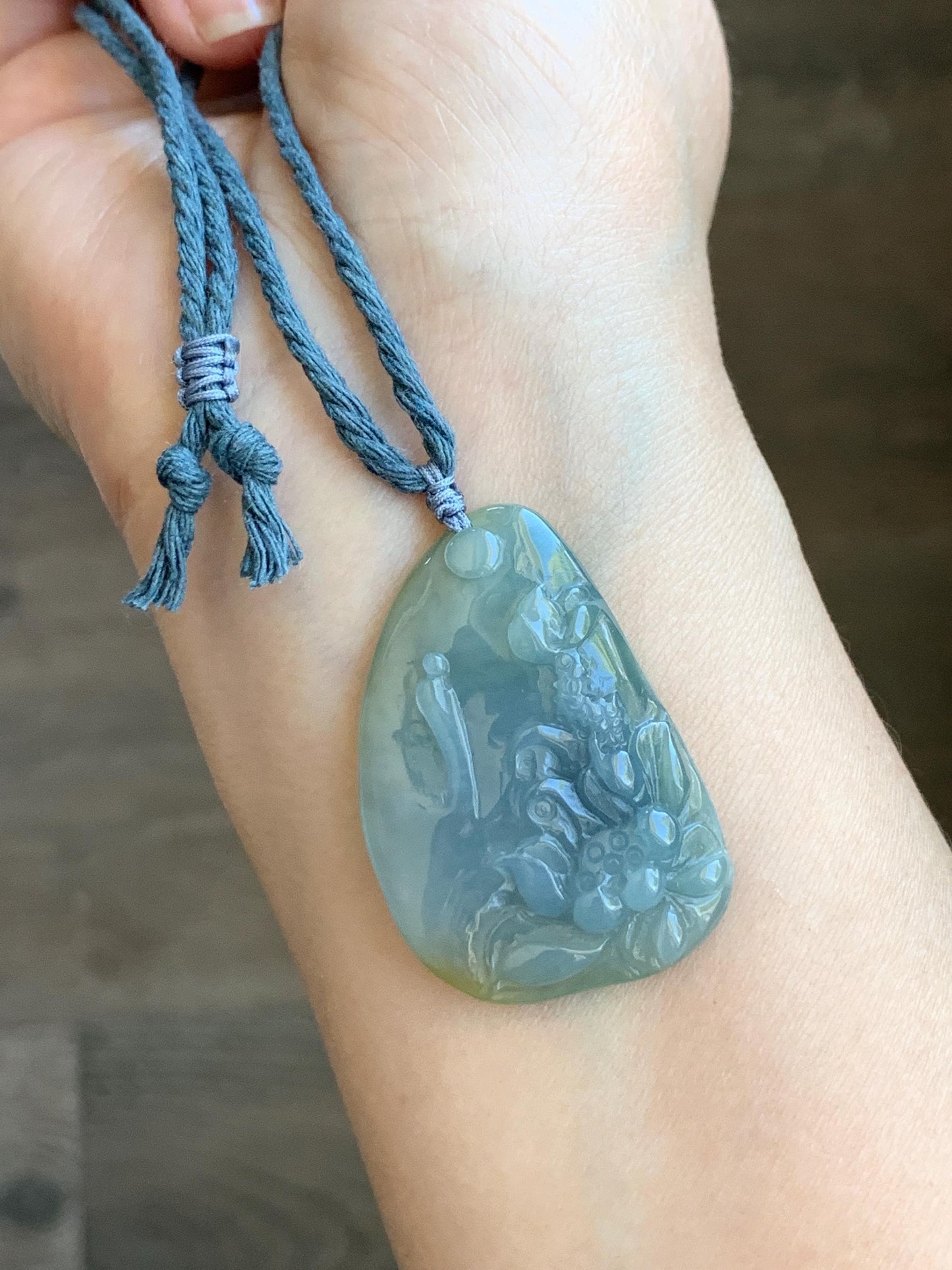 Natural Guatemalan Icy Translucent Pastel Blue Yellow Marbled Jadeite Lotus Flower Meditating Monk Pendant Rope Necklace 26” 天然冰危蓝加黄翡翠莲花悟道吊坠