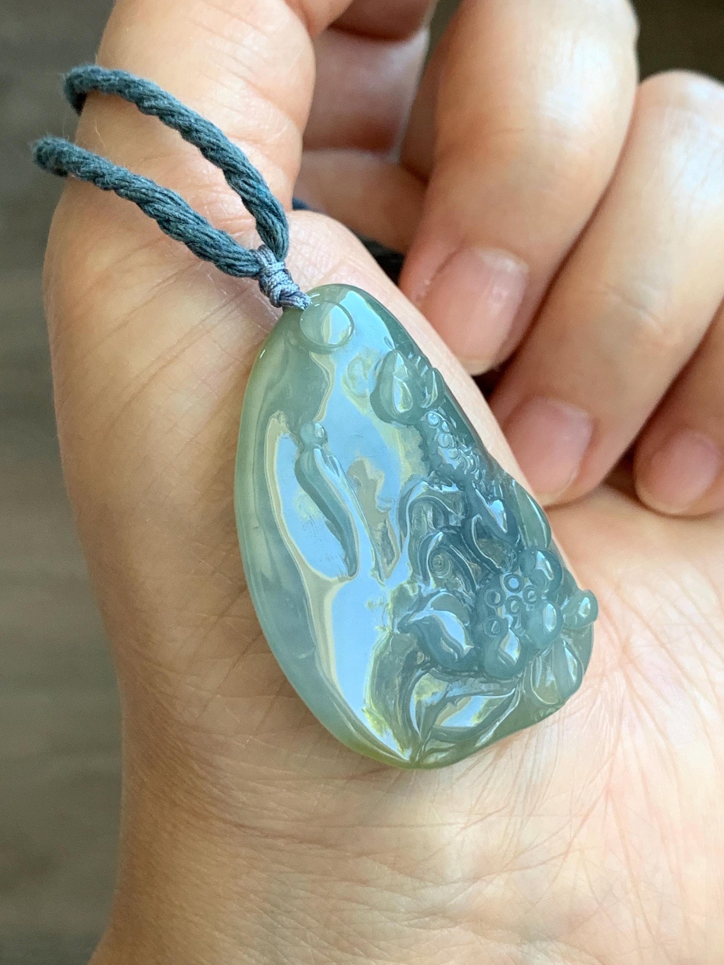 Natural Guatemalan Icy Translucent Pastel Blue Yellow Marbled Jadeite Lotus Flower Meditating Monk Pendant Rope Necklace 26” 天然冰危蓝加黄翡翠莲花悟道吊坠