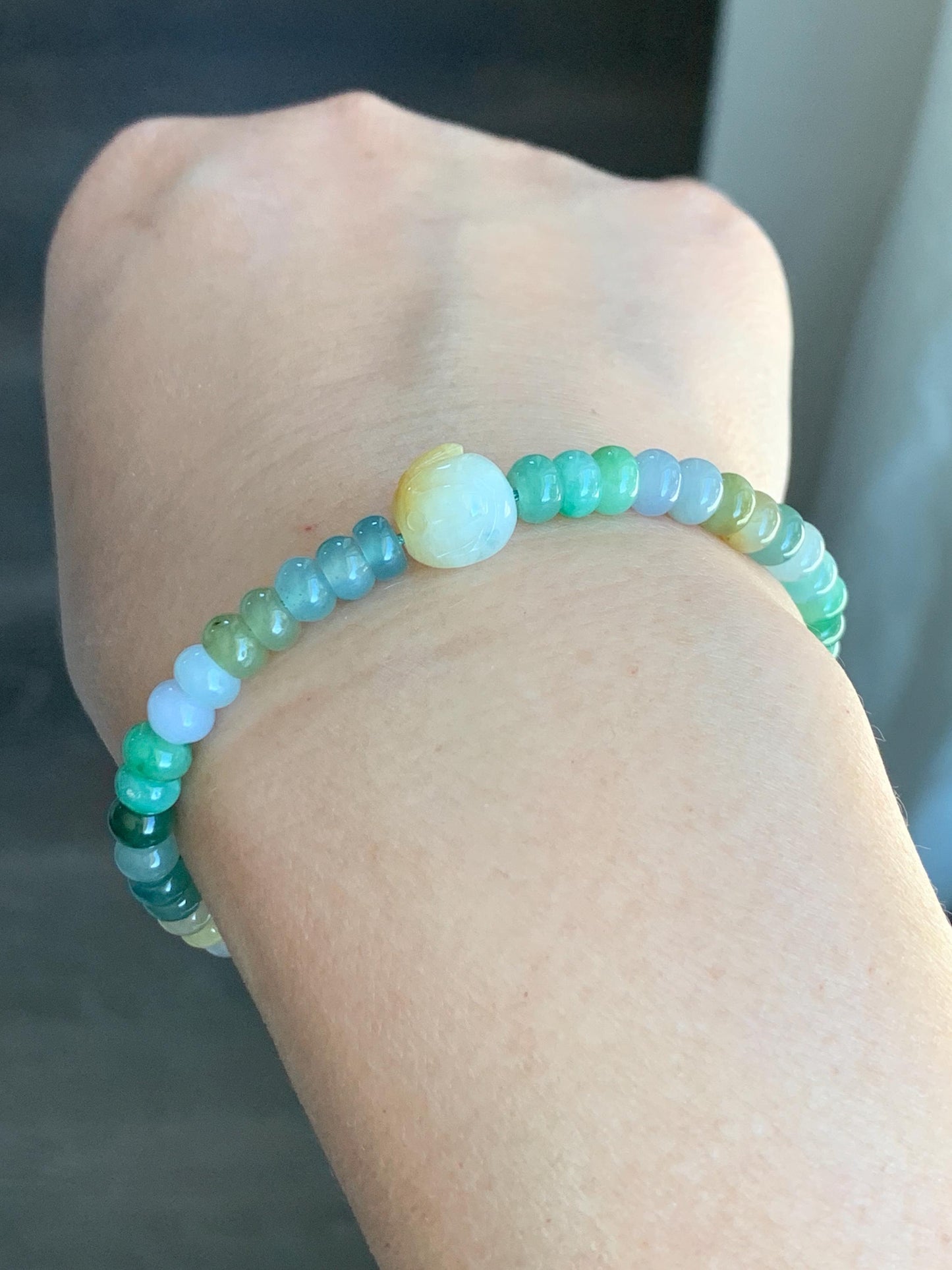 Natural Grade A Icy Translucent Multicolored Jadeite Flat Beads Carved Bunny Rabbit Charm Beaded Bracelet 7.25" 天然冰多宝翡翠算盘珠黄翡面包兔手串 DBSP297