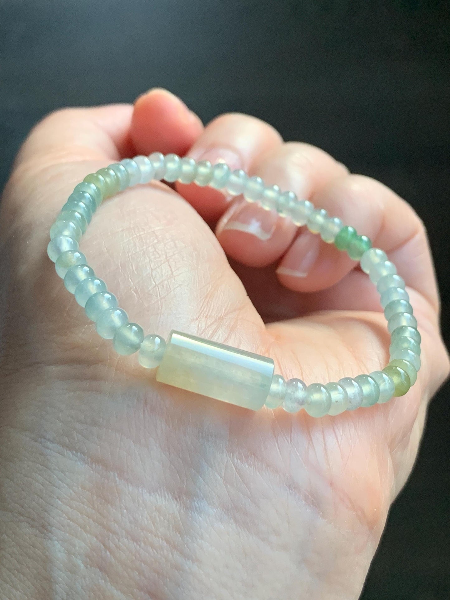 Natural Grade A Icy Highly Translucent Pastel Green Jadeite Petite Drum Beads Barrel Bead Beaded Bracelet 6.5” 8g 天然冰胶起光晴底翡翠小鼓珠桶珠手串 BQT242