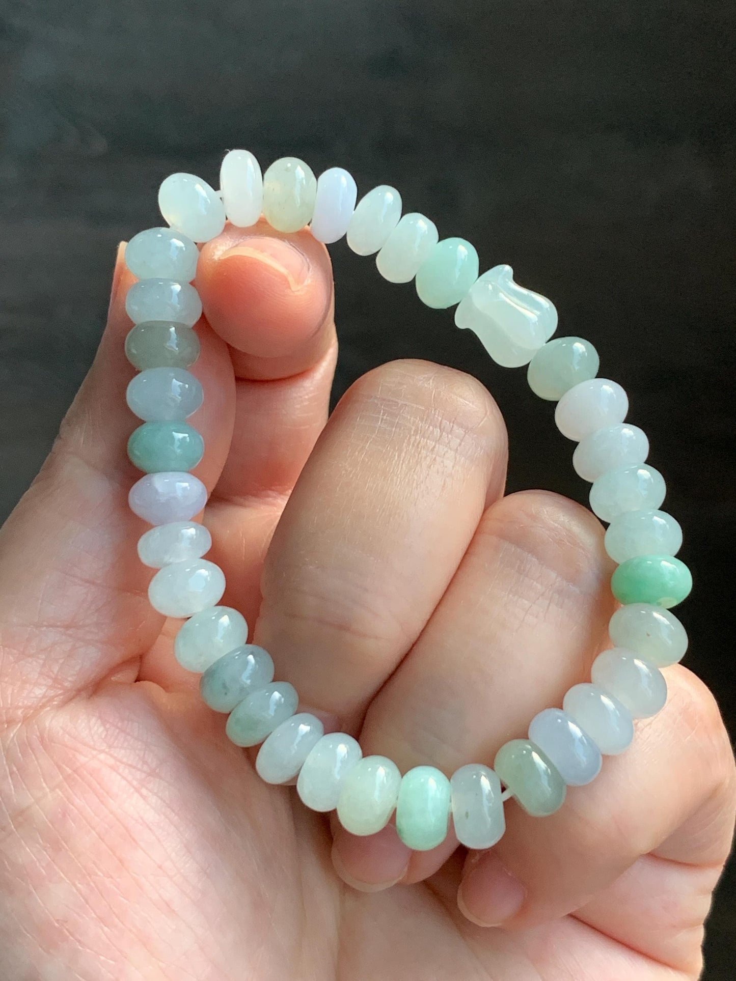 Natural Grade A Icy Translucent Multicolored Jadeite Flat Beads Carved Tulip Flower Charm Beaded Bracelet 7.25" 23g 天然冰多宝翡翠算盘珠郁金香珠手串 DBH-W