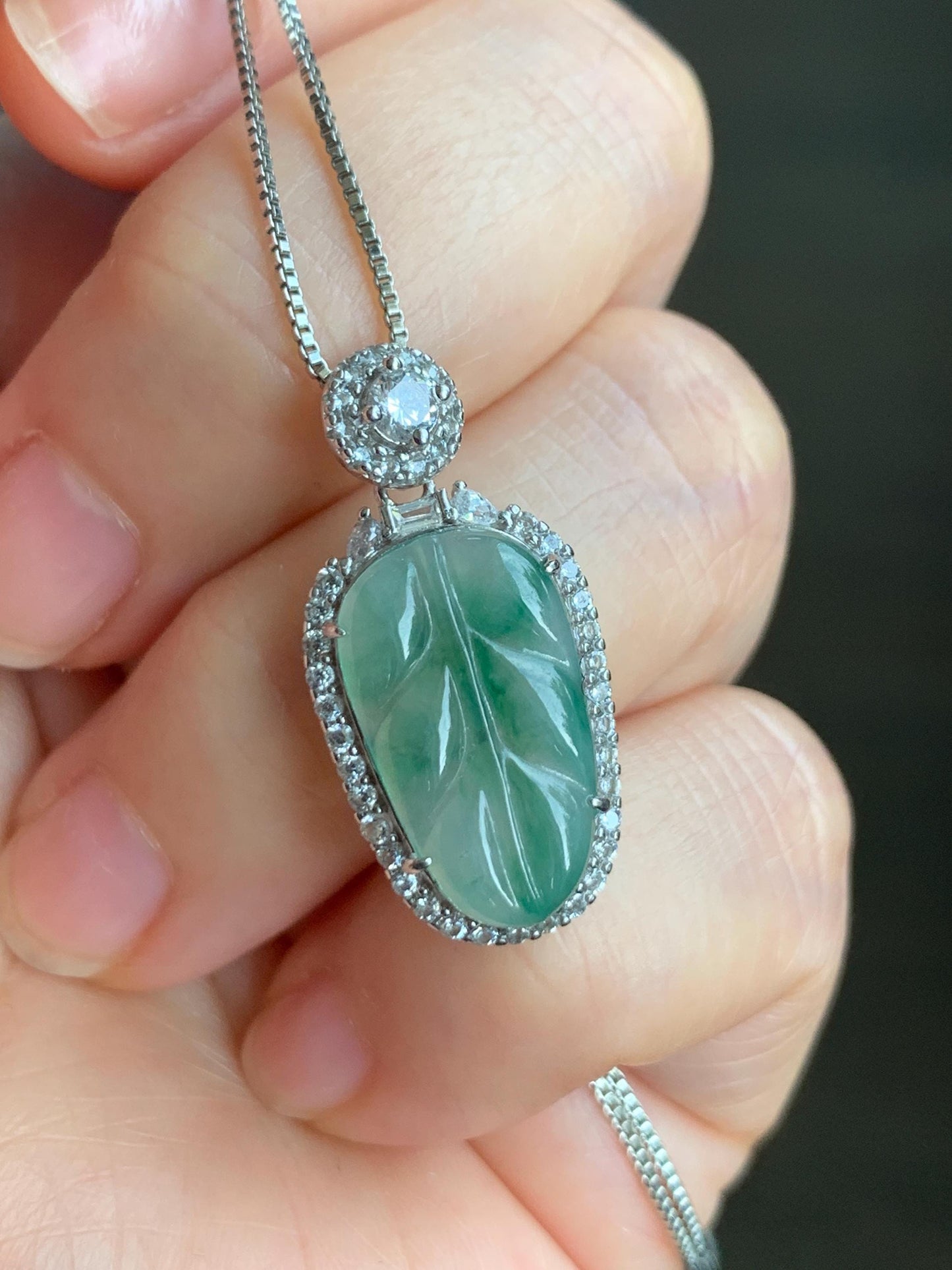 Small Natural Grade A Icy Highly Translucent Gelatinous Green Marbled Jadeite Leaf Pendant S925 Sterling Silver 天然冰胶飘绿花翡翠叶子银镶吊坠 YXR88-C
