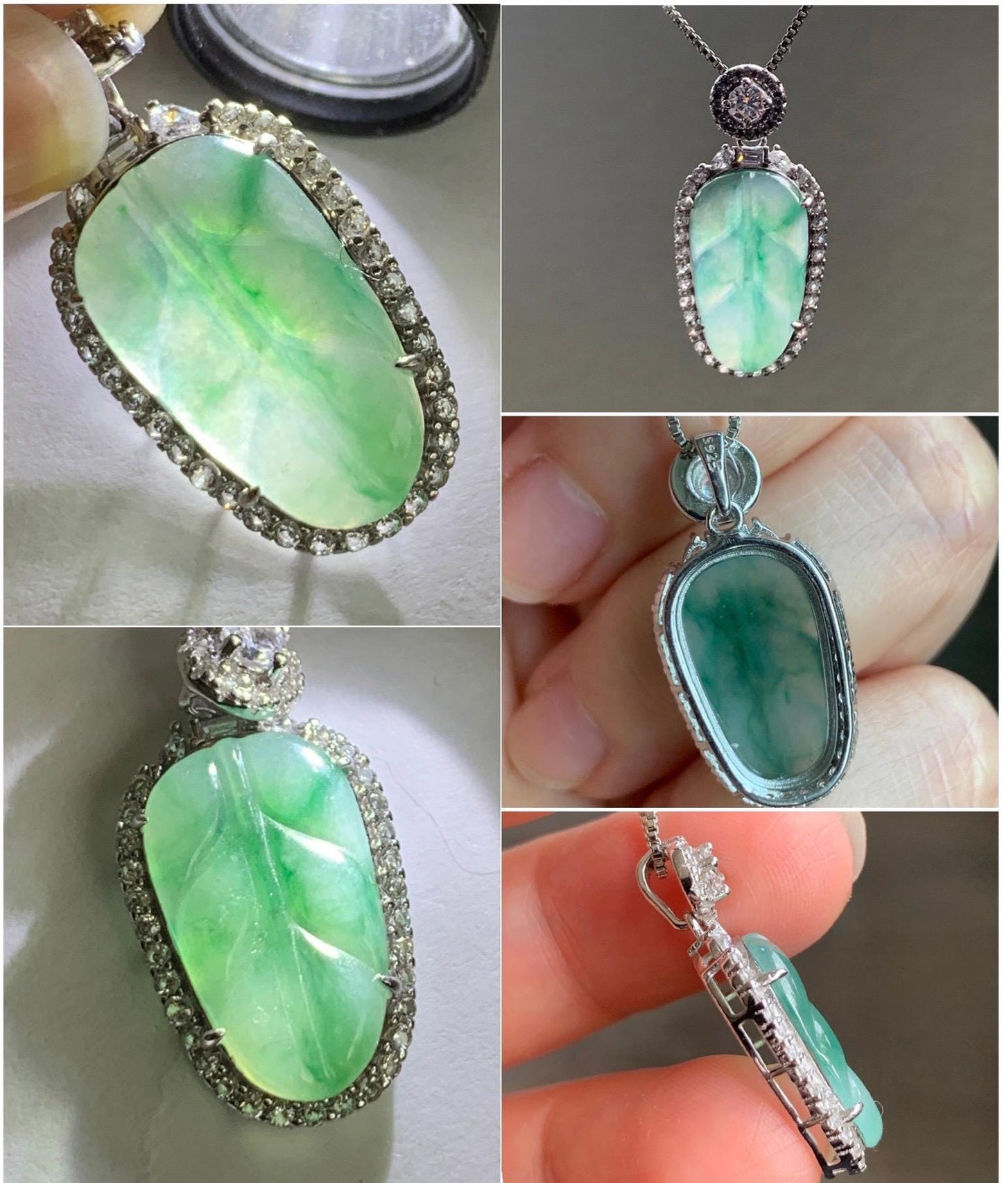Small Natural Grade A Icy Highly Translucent Gelatinous Green Marbled Jadeite Leaf Pendant S925 Sterling Silver 天然冰胶飘绿花翡翠叶子银镶吊坠 YXR88-C