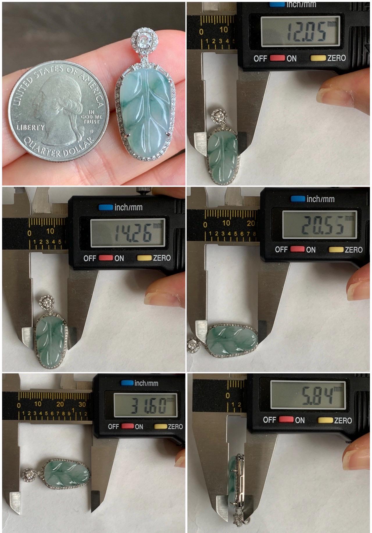 Small Natural Grade A Icy Highly Translucent Gelatinous Green Marbled Jadeite Leaf Pendant S925 Sterling Silver 天然冰胶飘绿花翡翠叶子银镶吊坠 YXR88-E