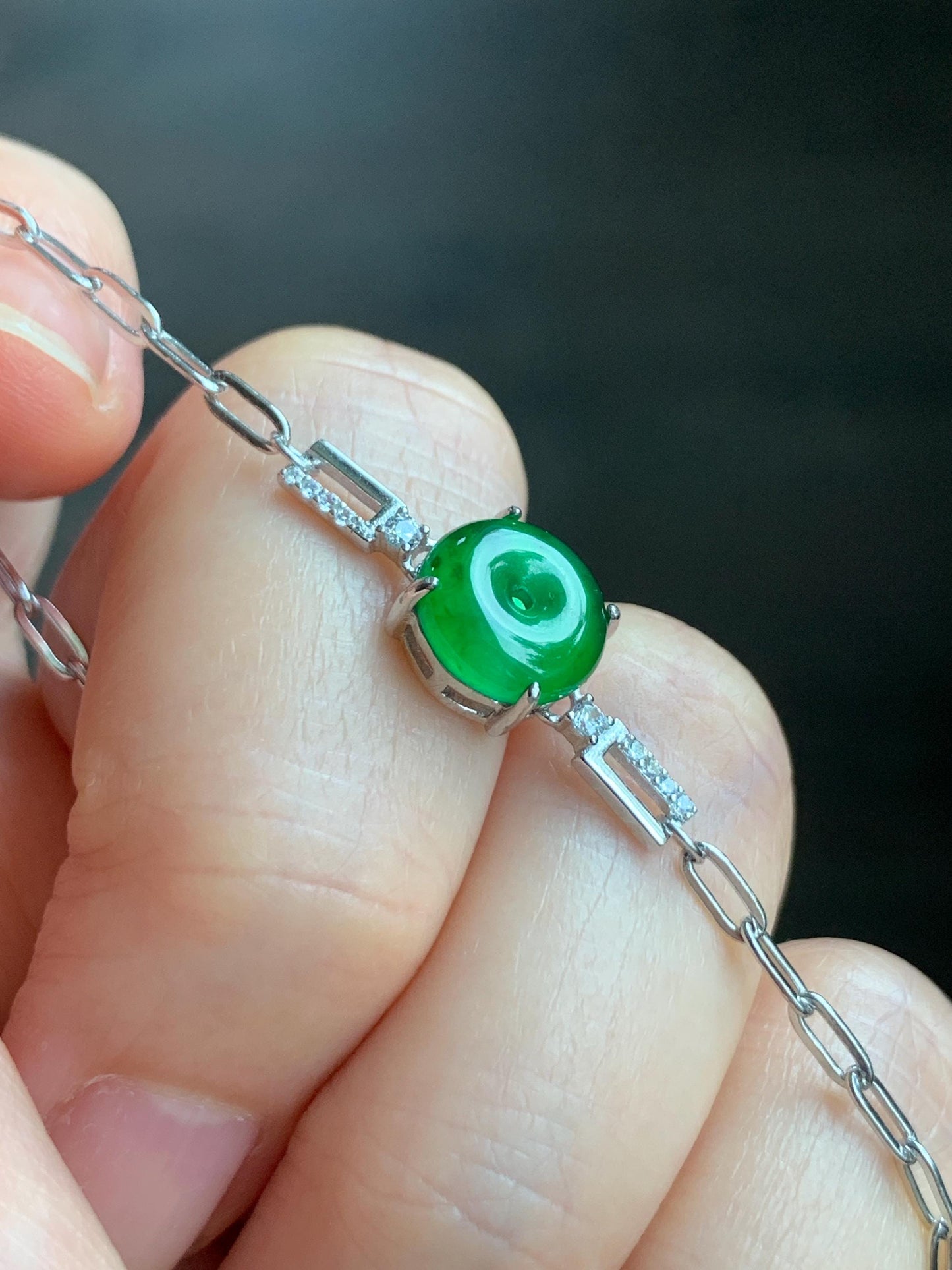 Natural Guatemalan Icy Translucent Vibrant Green Jadeite Mini Ping An Kou Donut Chain Bracelet Sterling Silver 天然冰危绿翡翠迷你平安扣银手链 PAL128Y