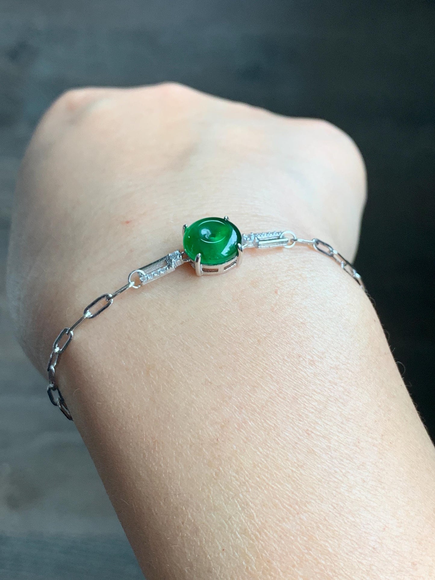 Natural Guatemalan Icy Translucent Vibrant Green Jadeite Mini Ping An Kou Donut Chain Bracelet Sterling Silver 天然冰危绿翡翠迷你平安扣银手链 PAL128Y