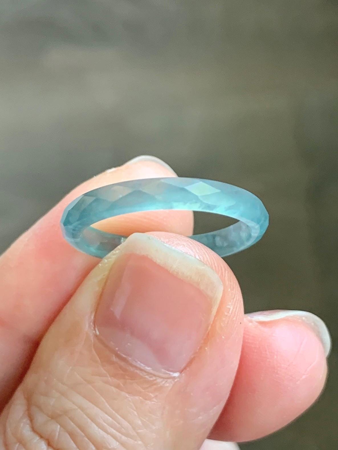 Natural Guatemalan Icy Highly Translucent Gelatinous Pastel Teal Blue Jadeite Diamond Faceted Slim Band Ring Size 6.5 天然冰危浅蓝起光翡翠切割面戒圈 DLQG-D