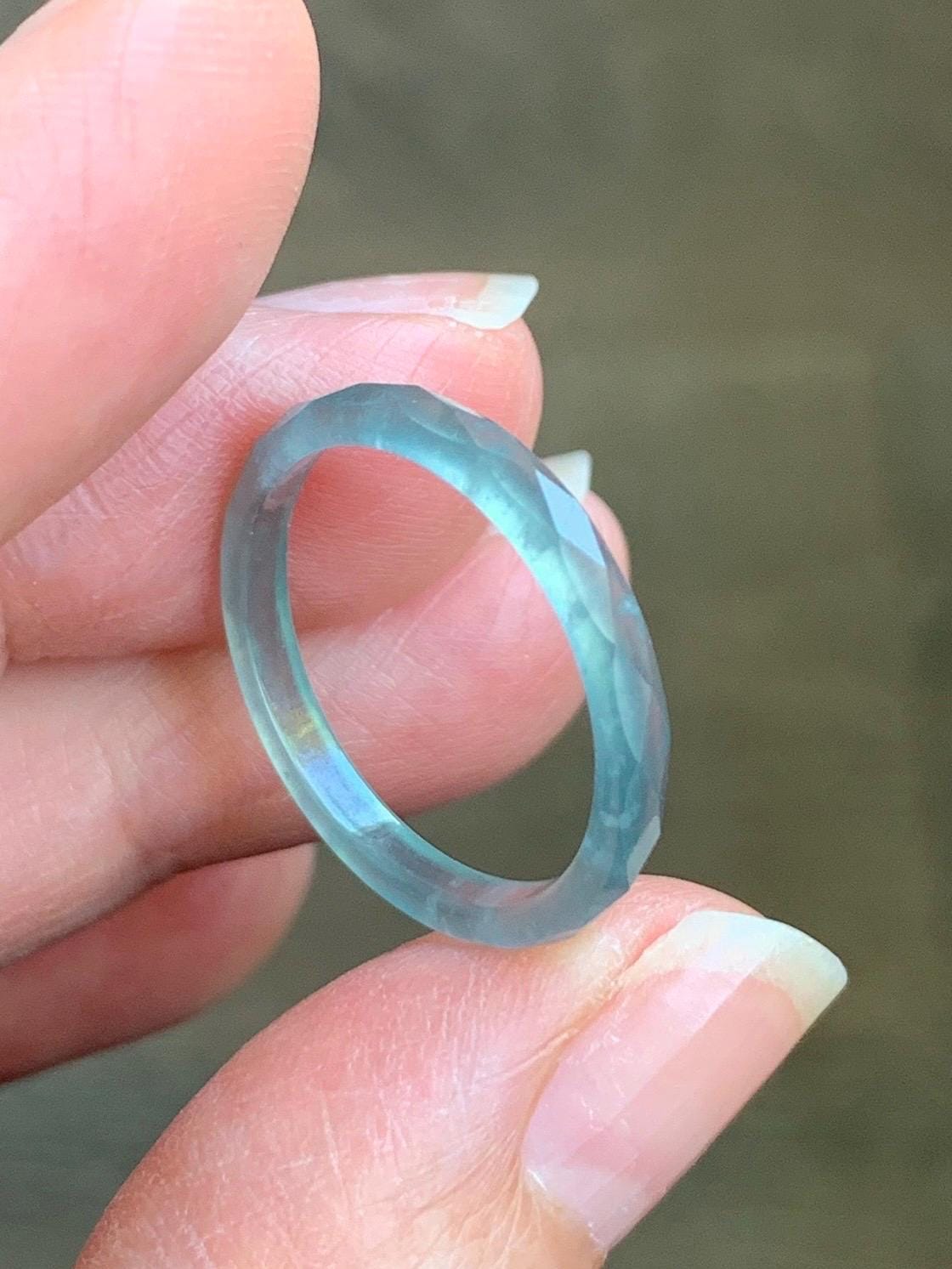 Natural Guatemalan Icy Highly Translucent Gelatinous Pastel Teal Blue Jadeite Diamond Faceted Slim Band Ring Sz 7.25 天然冰危浅蓝起光翡翠切割面戒圈 DLQG-C