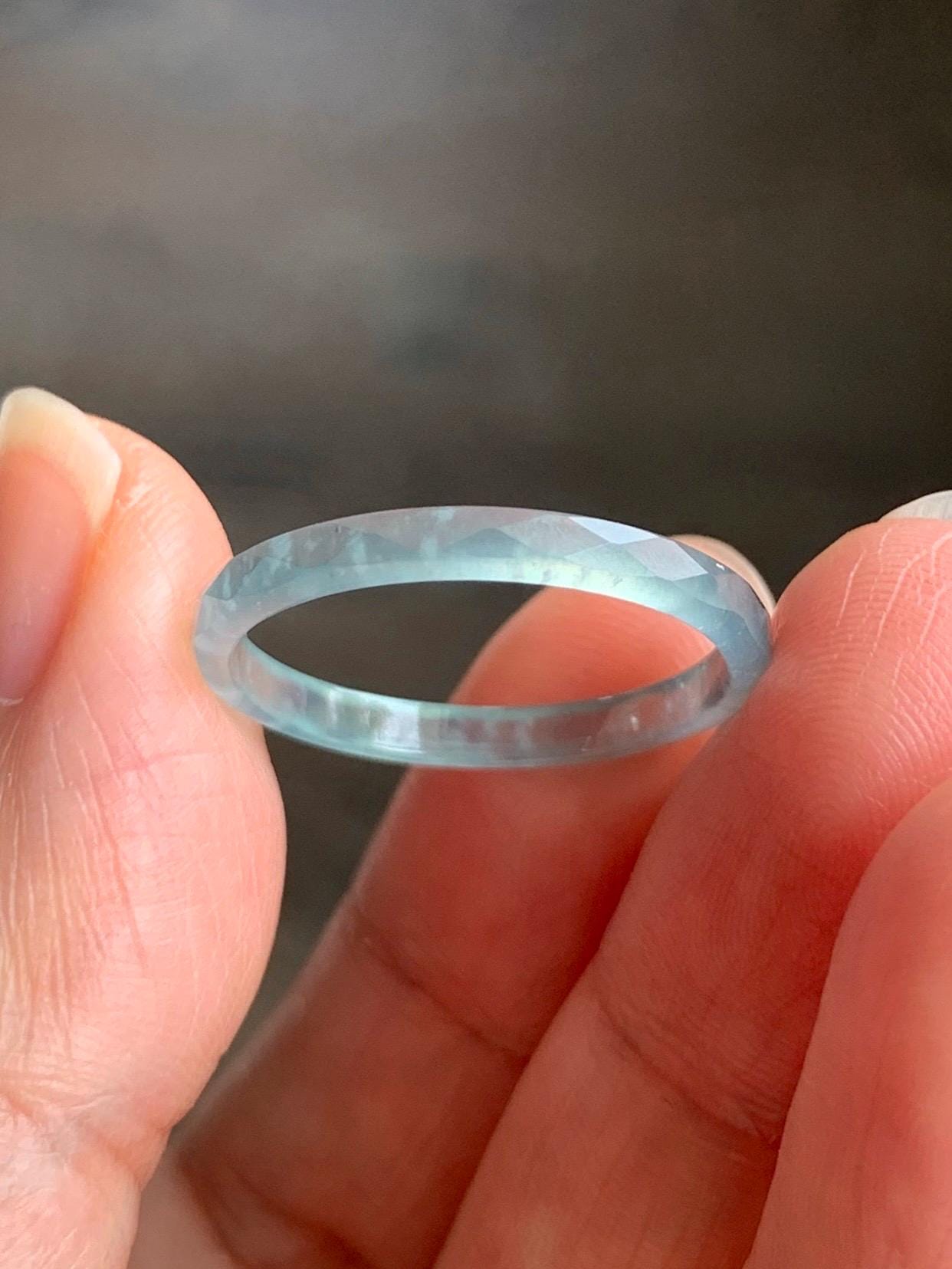 Natural Guatemalan Icy Highly Translucent Gelatinous Pastel Teal Blue Jadeite Diamond Faceted Slim Band Ring Sz 9.25 天然冰危浅蓝起光翡翠切割面戒圈 DLQG-B