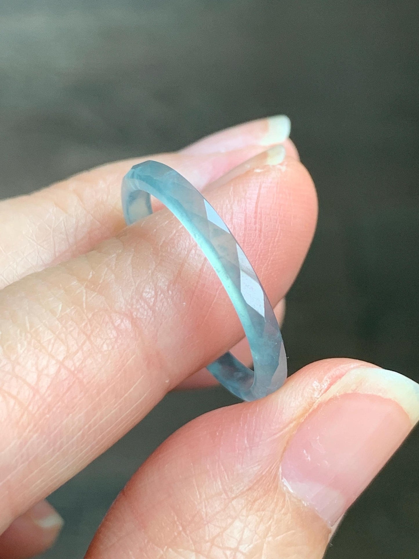 Natural Guatemalan Icy Highly Translucent Gelatinous Pastel Teal Blue Jadeite Diamond Faceted Slim Band Ring Sz 9.25 天然冰危浅蓝起光翡翠切割面戒圈 DLQG-B