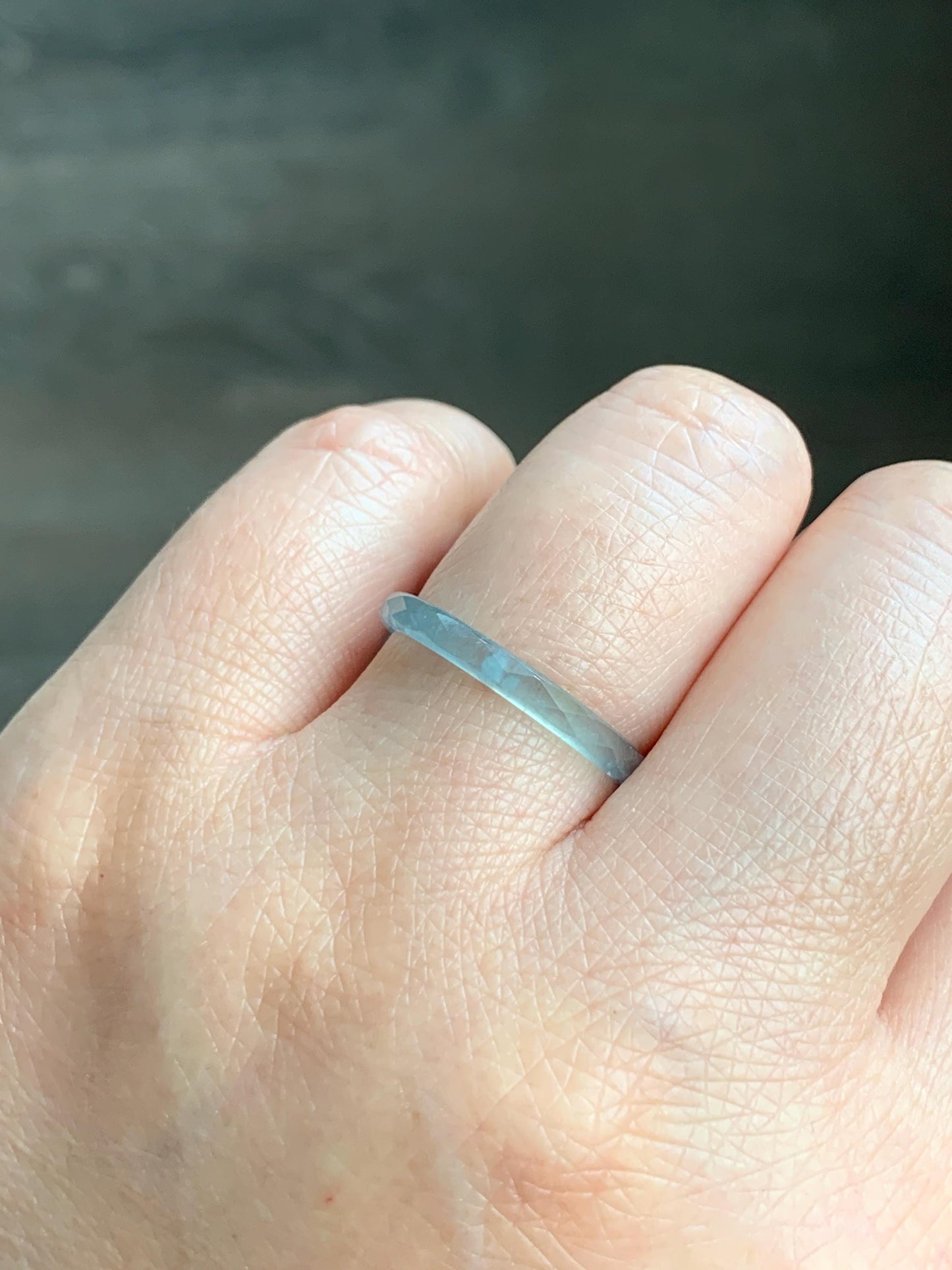Natural Guatemalan Icy Highly Translucent Gelatinous Pastel Teal Blue Jadeite Diamond Faceted Slim Band Ring Sz 7.75 天然冰危浅蓝起光翡翠切割面戒圈 DLQG-A