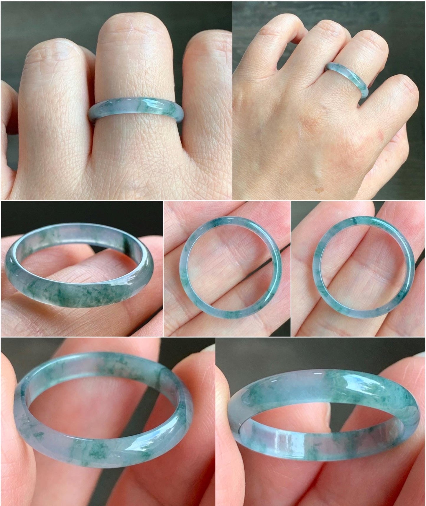 Natural Grade A Guatemalan Icy Highly Translucent Gelatinous Pastel Blue & Green Marbled Jadeite Band Ring Size 10.25 天然冰危浅蓝起光飘绿花翡翠戒圈 PHW55