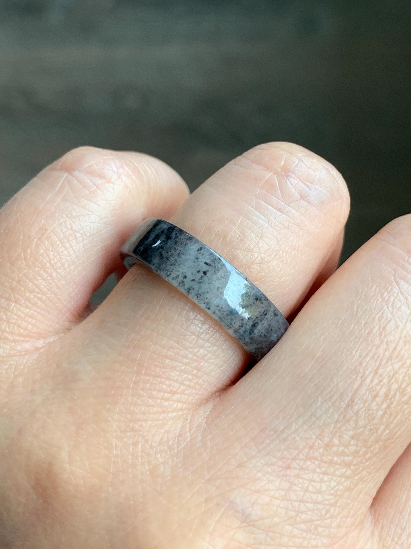 Natural Grade A Icy Highly Translucent Gelatinous Dark Wuji Marbled Jadeite Square Edged Band Ring Size 8.5 US 天然冰胶乌鸡翡翠方条戒圈 WJF240-B
