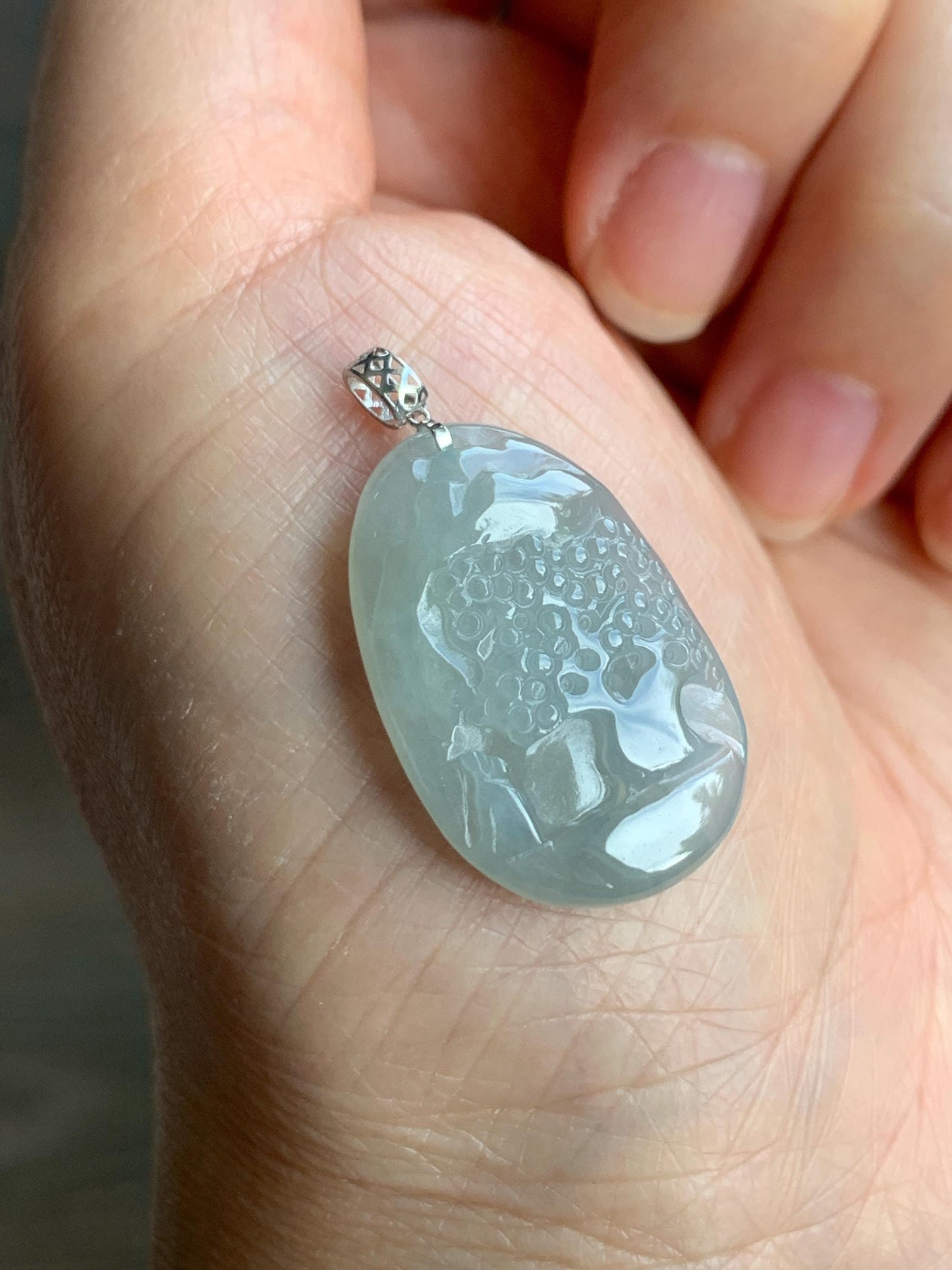 Natural Grade A Icy Translucent Gelatinous Dusty Blue Jadeite Shan Shui Landscape Scenery Pendant 18K White Gold 4g 天然冰淡蓝翡翠小山水牌吊坠 XMSH-A