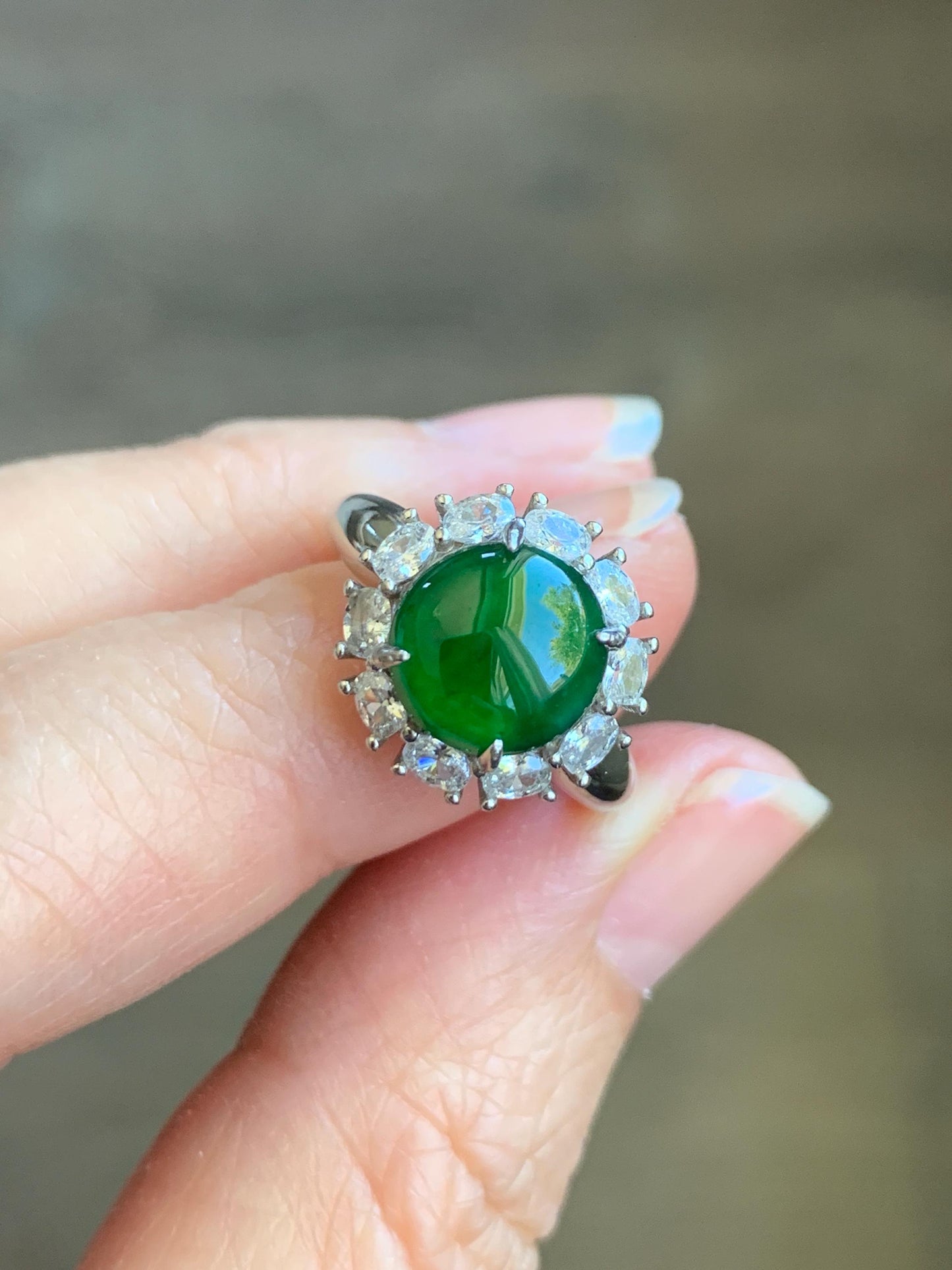 Natural Grade A Guatemalan Icy Translucent Vibrant Green Round Cabochon Jadeite Halo Ring Sterling Silver Size Adjustable 天然冰危绿翡翠银镶戒指 WLH150